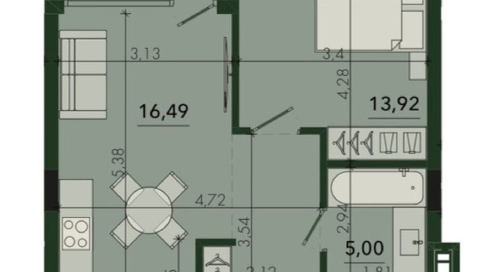 Планировка 1-комнатной квартиры в ЖК SVOЇ CITY 44.07 м², фото 804101