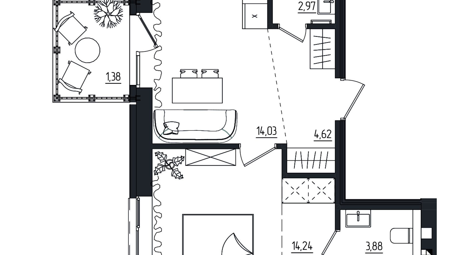 Планування 1-кімнатної квартири в ЖК Субурбія Дуо 41.12 м², фото 804391