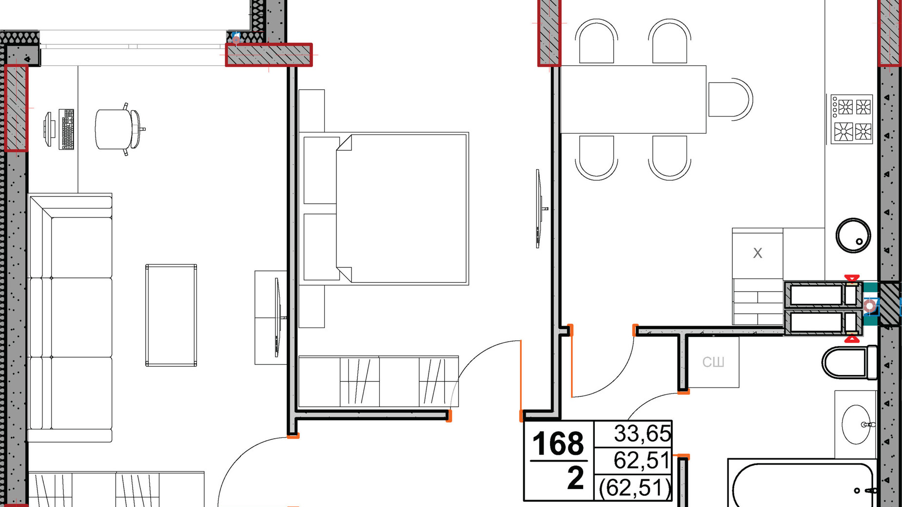 Планировка 2-комнатной квартиры в ЖК Stugna Residence 62.51 м², фото 804728