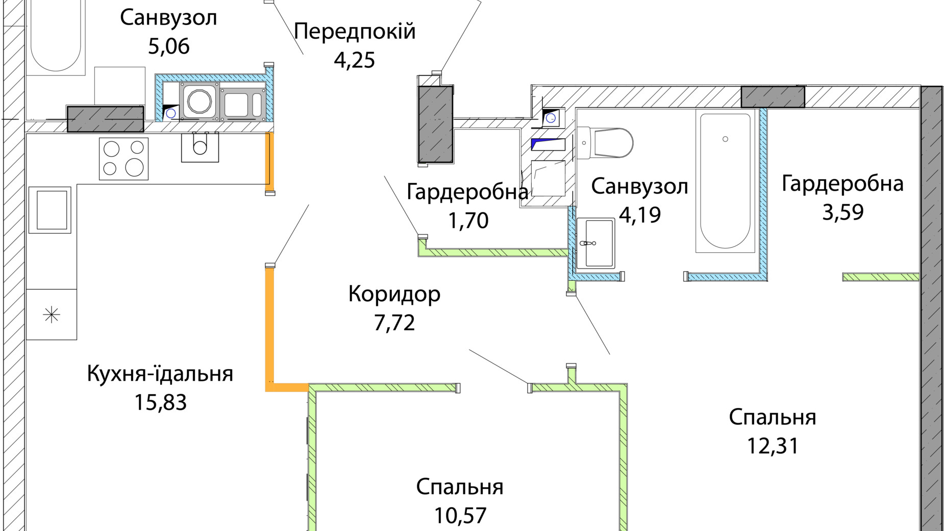 Планування 2-кімнатної квартири в ЖК Empatika 67.88 м², фото 805393