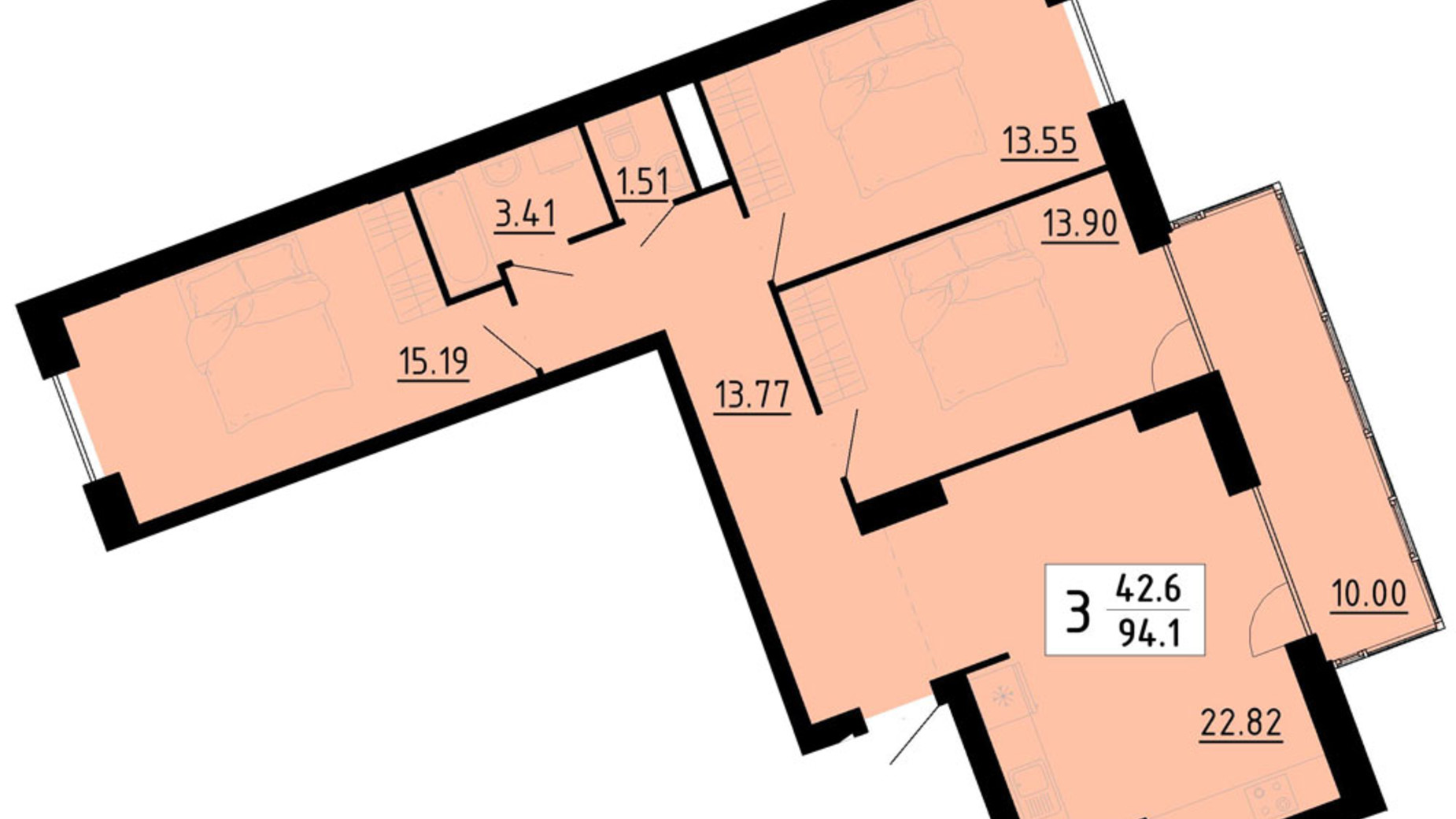 Планування 3-кімнатної квартири в Квартал Енергія 94.5 м², фото 806960