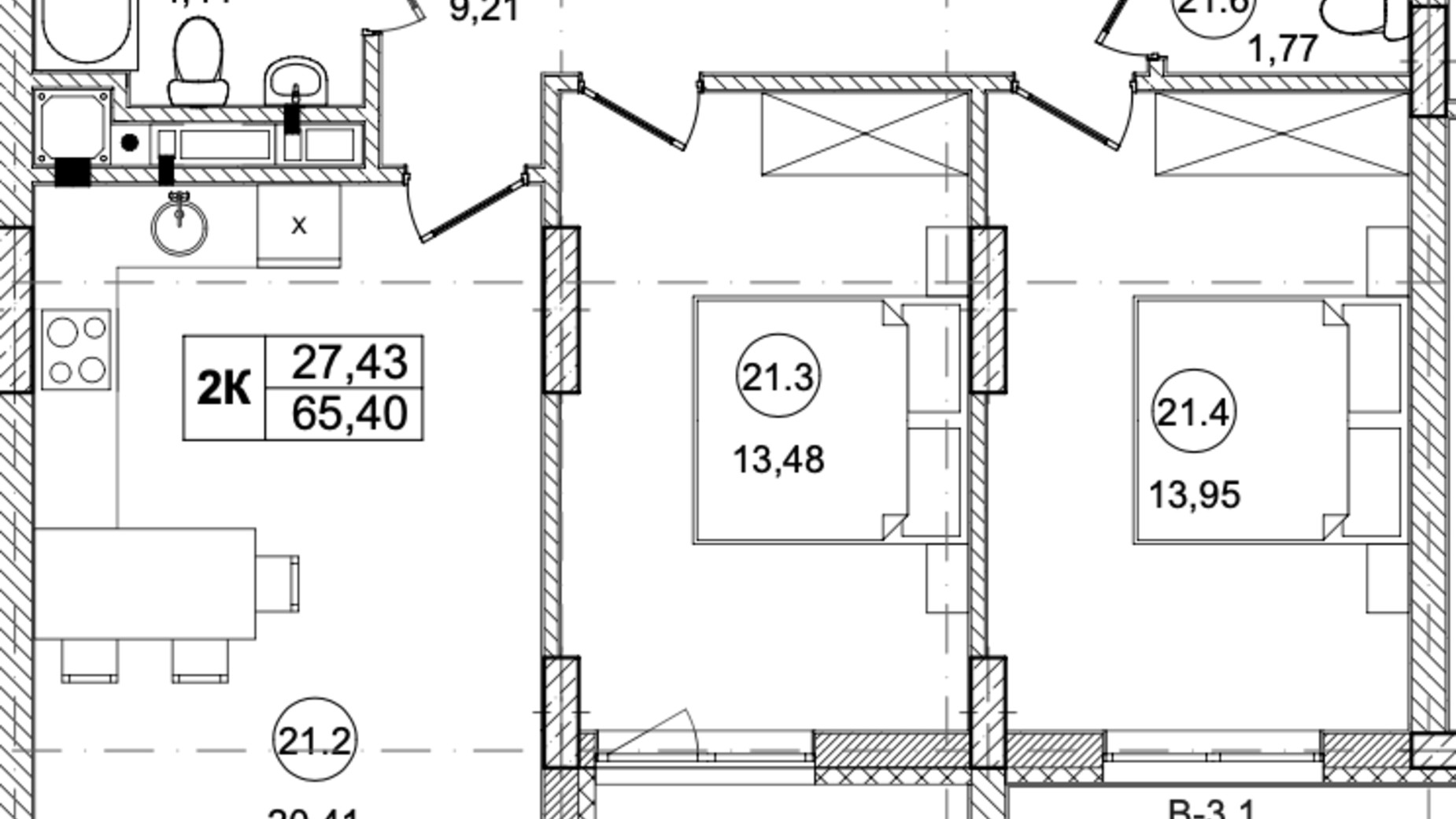 Планування 2-кімнатної квартири в ЖК Infinity Park 65.4 м², фото 809465