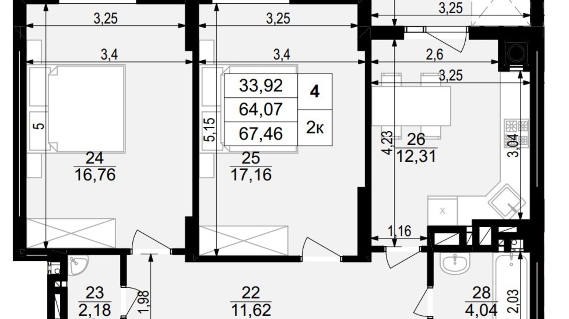 Планування 2-кімнатної квартири в ЖК на Стецька 67.36 м², фото 809547