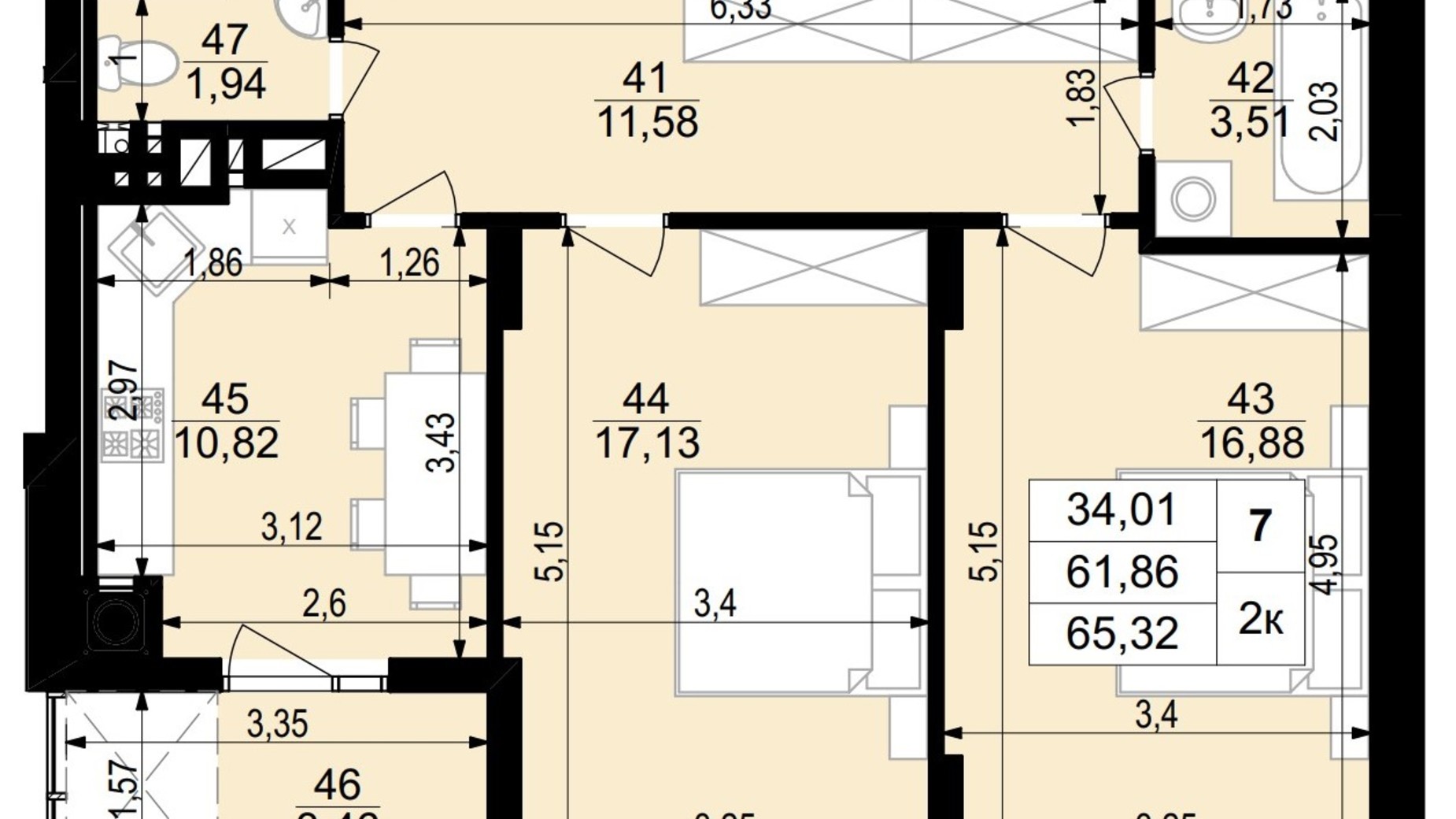 Планировка 2-комнатной квартиры в ЖК  на Стецько 65.23 м², фото 809581