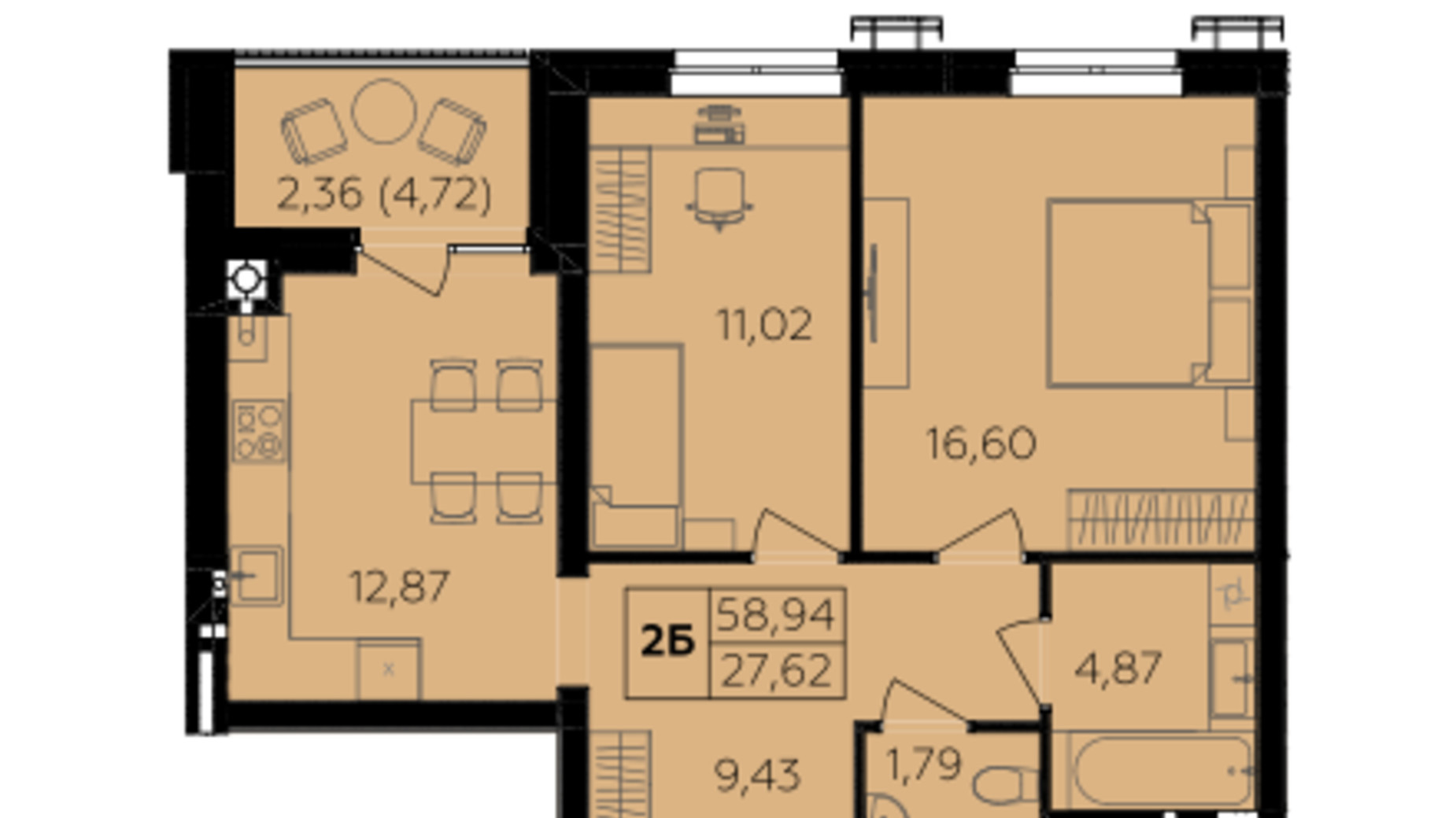 Планировка 2-комнатной квартиры в ЖК Семейный Comfort 2 58.94 м², фото 810642