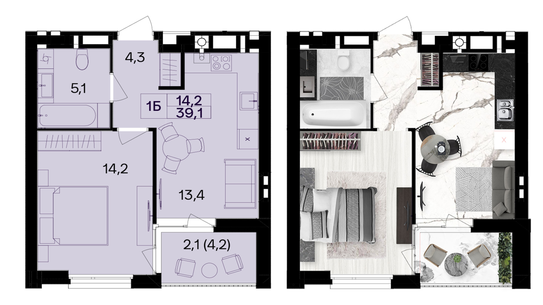 Планировка 1-комнатной квартиры в ЖК Lavanda Park 39.1 м², фото 811848