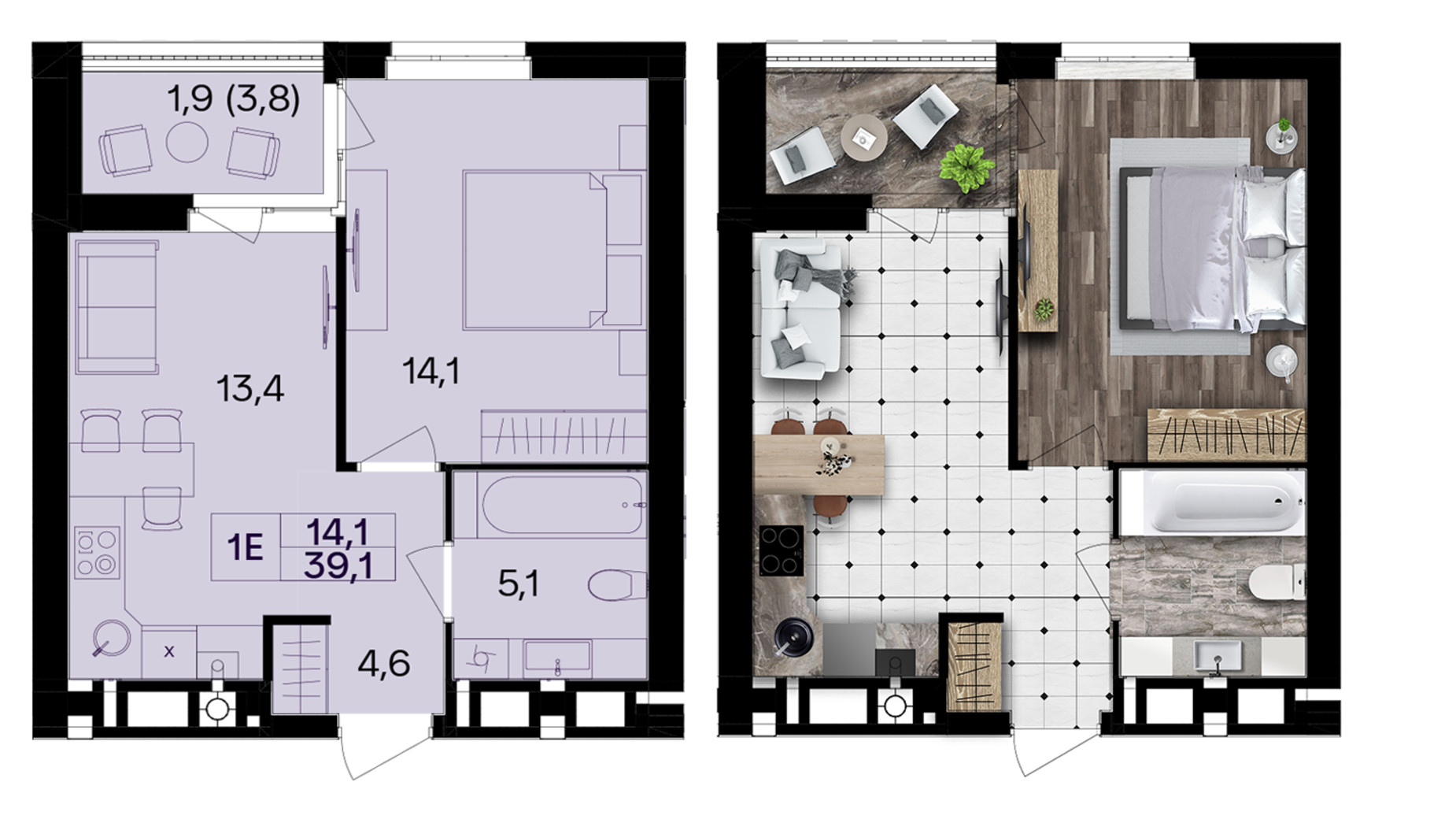 Планировка 1-комнатной квартиры в ЖК Lavanda Park 39.1 м², фото 811850