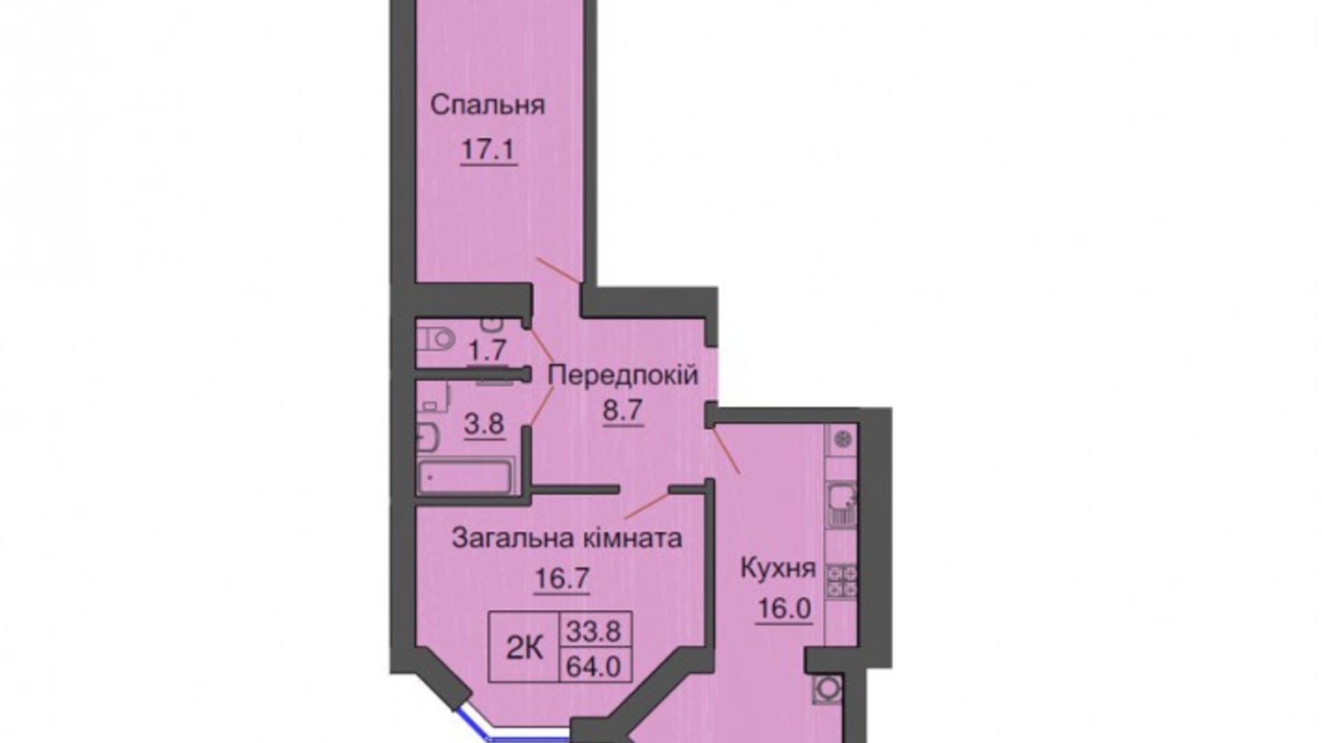 Планування 2-кімнатної квартири в ЖК Sofia Nova 64.4 м², фото 812034