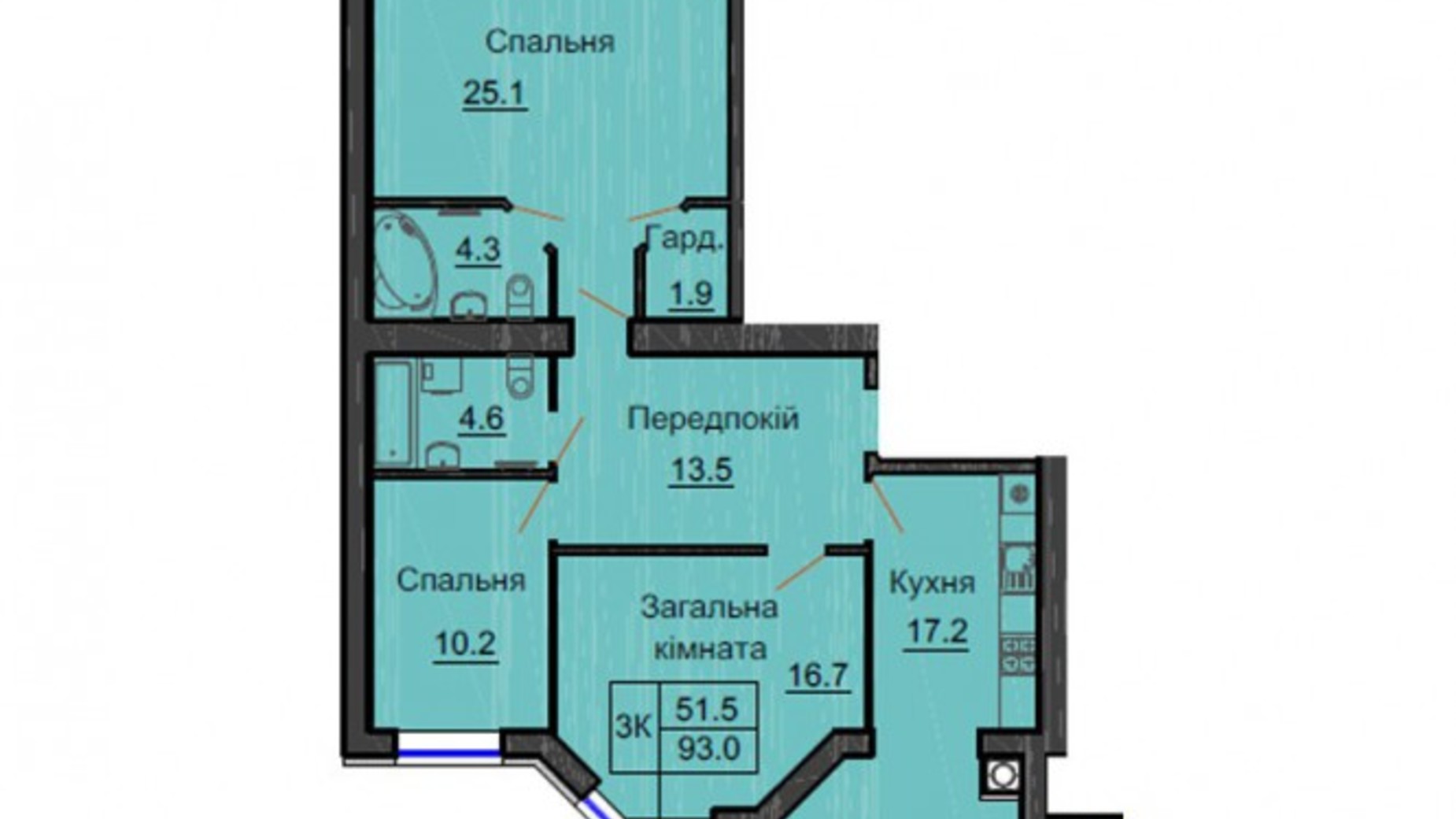 Планування 3-кімнатної квартири в ЖК Sofia Nova 93 м², фото 812039