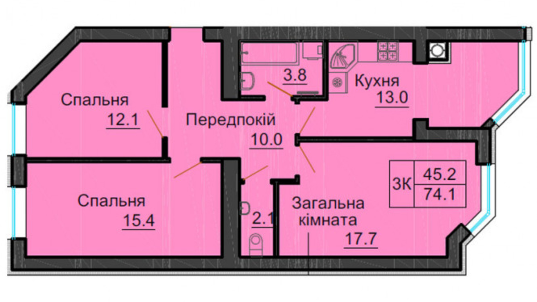 Планування 3-кімнатної квартири в ЖК Sofia Nova 74.1 м², фото 812048