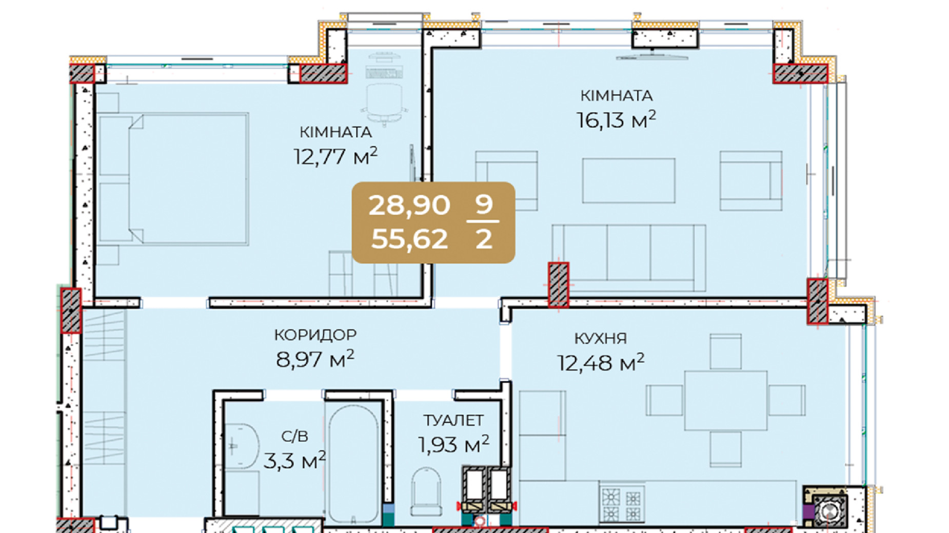 Планировка 2-комнатной квартиры в ЖК Dobre Misto 55.62 м², фото 812371