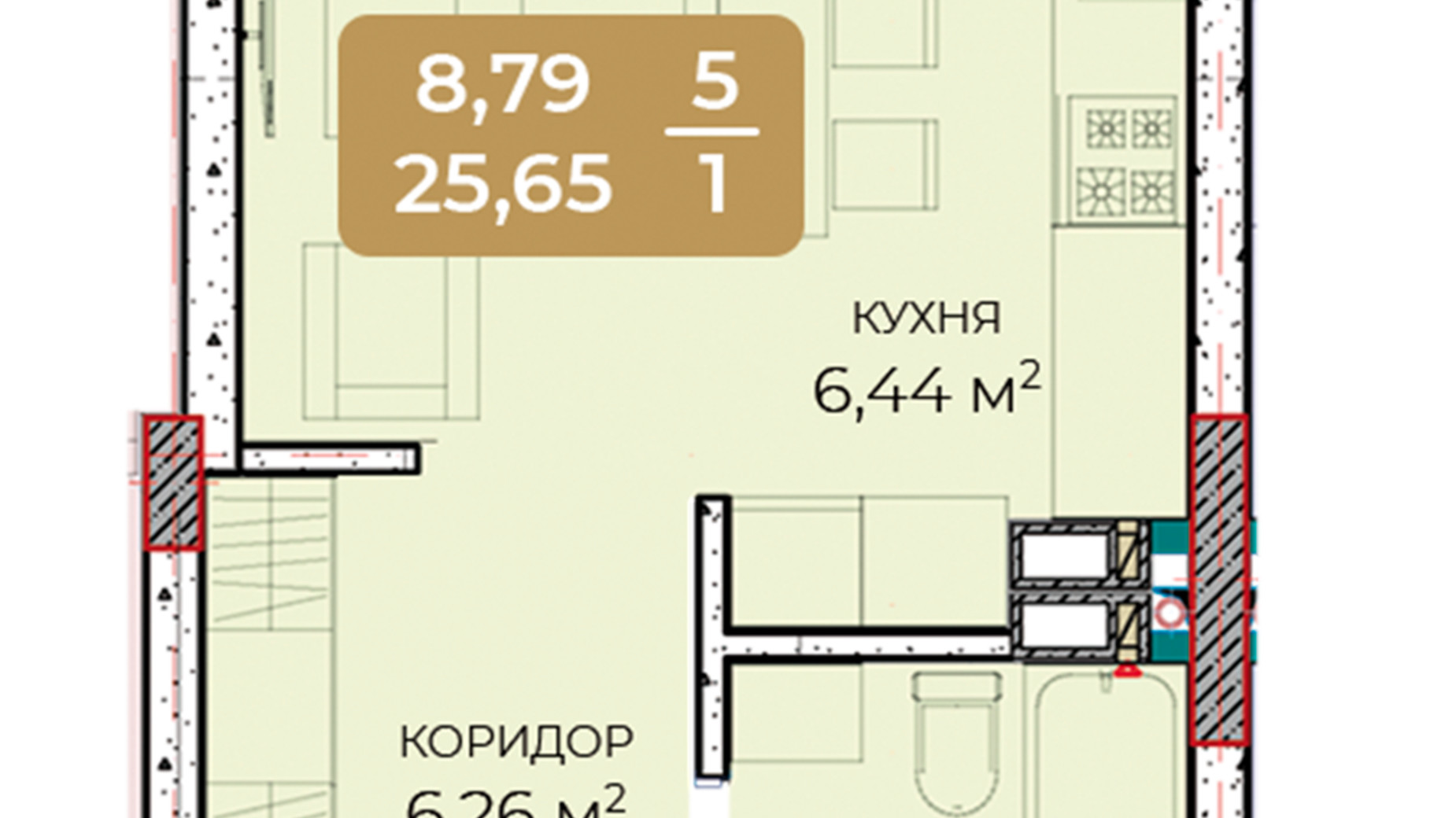 Планування 1-кімнатної квартири в ЖК Dobre Misto 25.65 м², фото 812394