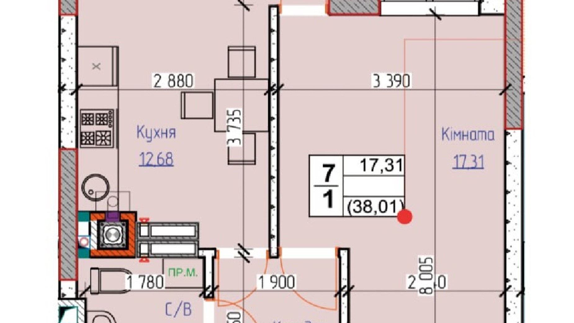 Планировка 1-комнатной квартиры в ЖК Dobre Misto 2 38.01 м², фото 812797