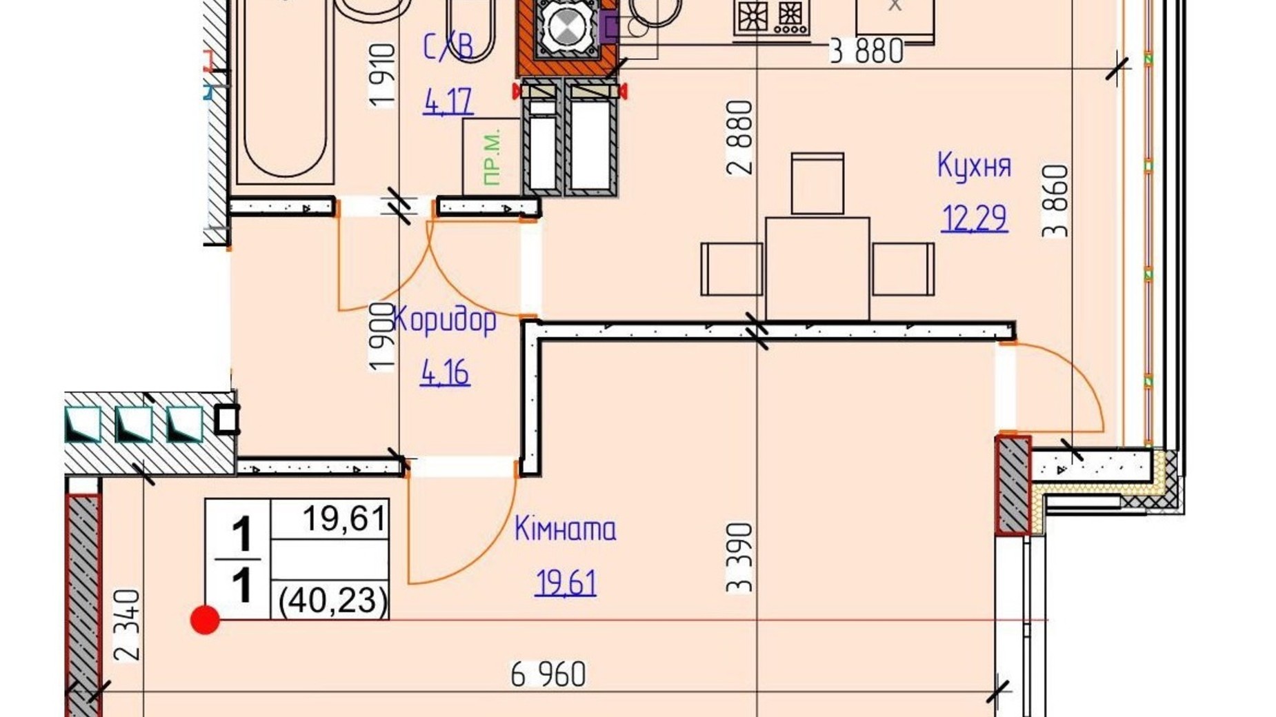 Планування 1-кімнатної квартири в ЖК Dobre Misto 2 40.23 м², фото 812807