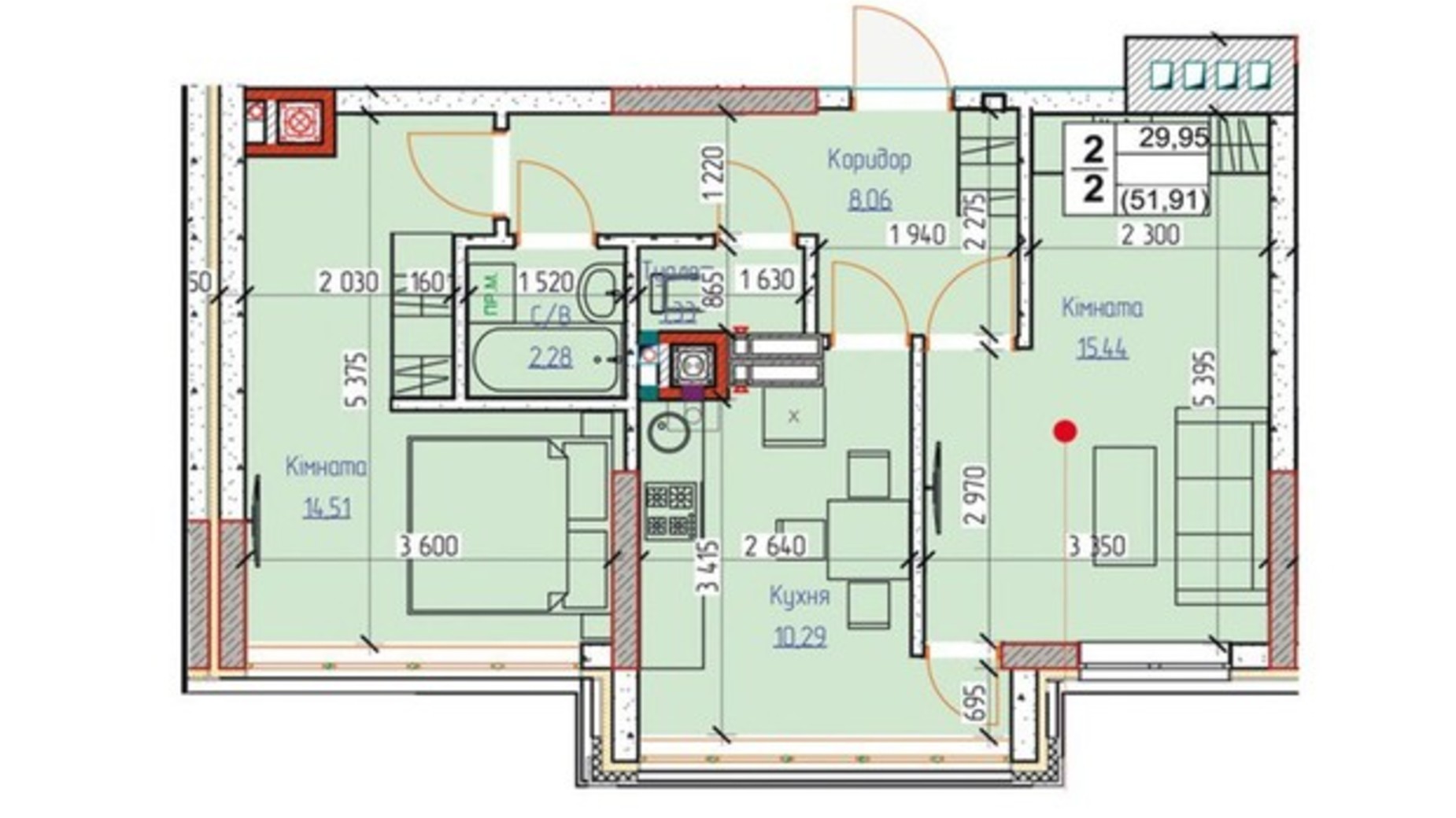 Планировка 1-комнатной квартиры в ЖК Dobre Misto 2 52 м², фото 812815