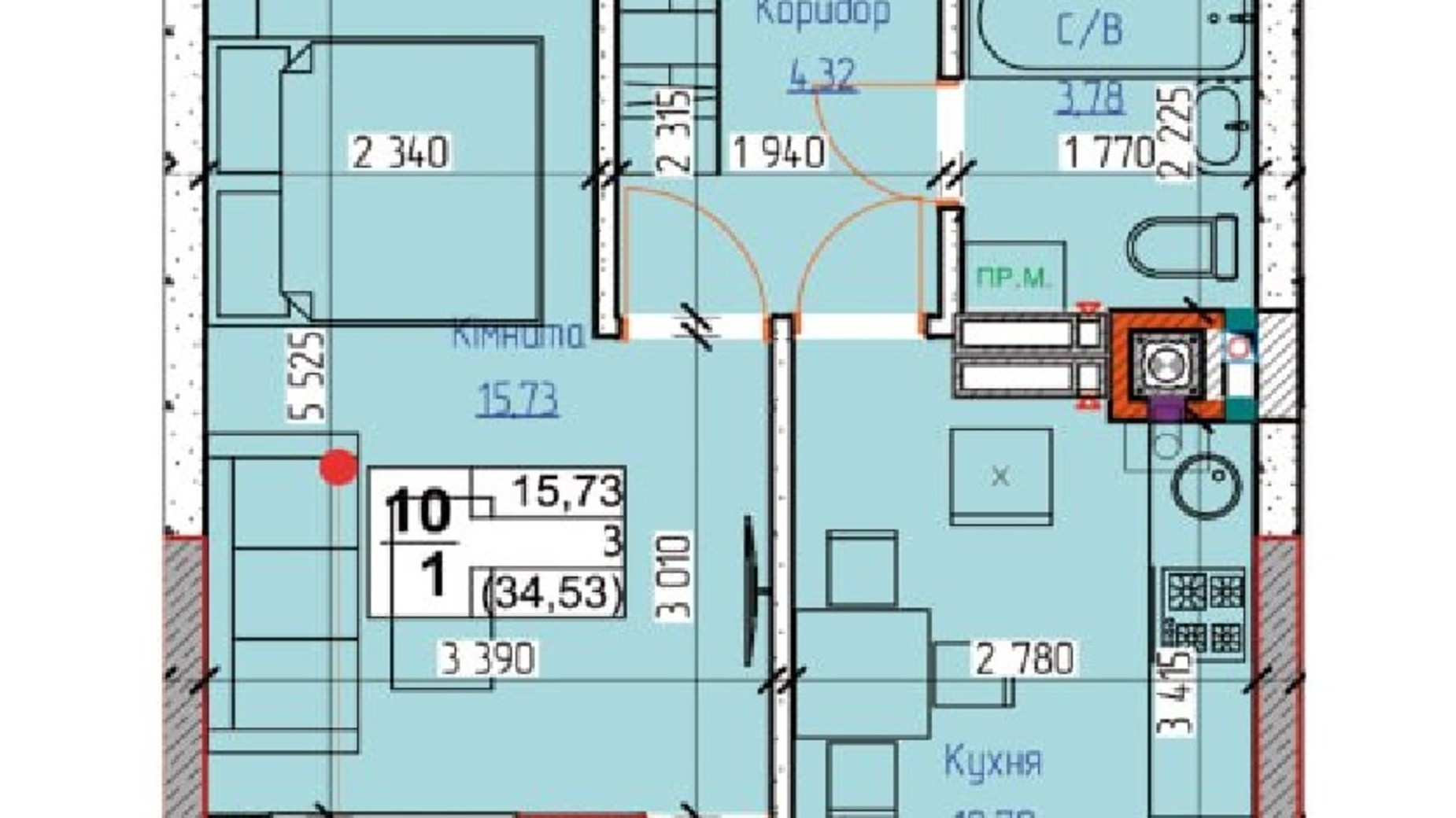 Планировка 1-комнатной квартиры в ЖК Dobre Misto 2 34.53 м², фото 812847