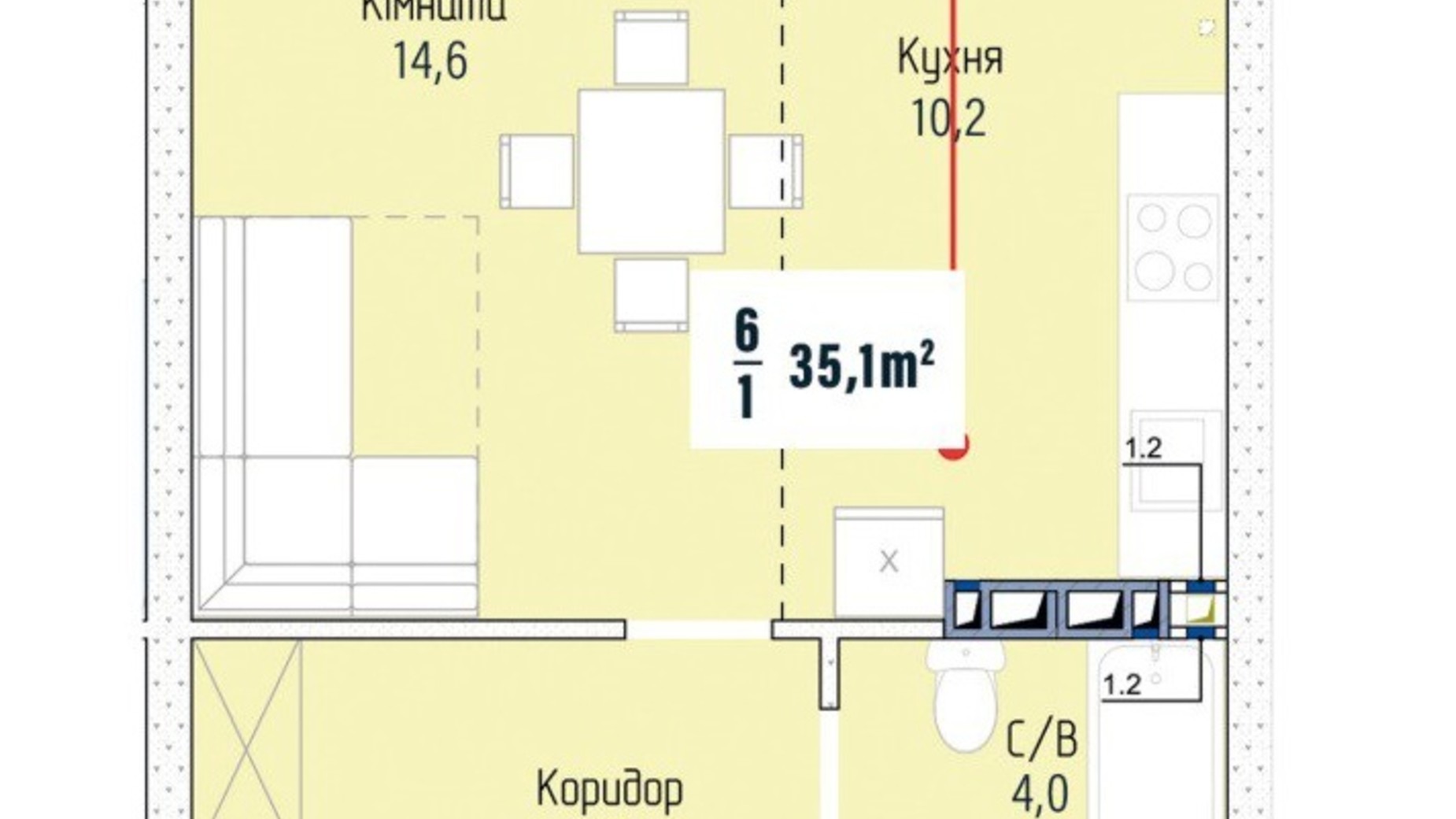 Планування 1-кімнатної квартири в ЖК Гостомель Сіті 35.1 м², фото 813950