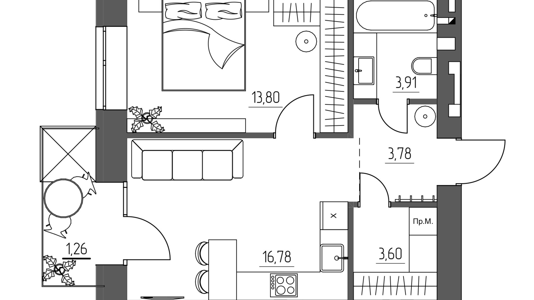 Планування 1-кімнатної квартири в ЖК ZigZag 43.13 м², фото 813956