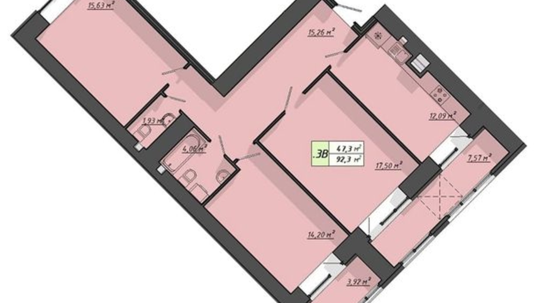 Планування 3-кімнатної квартири в ЖК Львівський 92.3 м², фото 814127