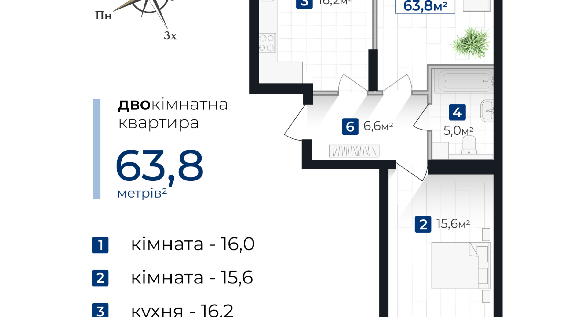 Планування 2-кімнатної квартири в ЖК Senat 63.8 м², фото 814424