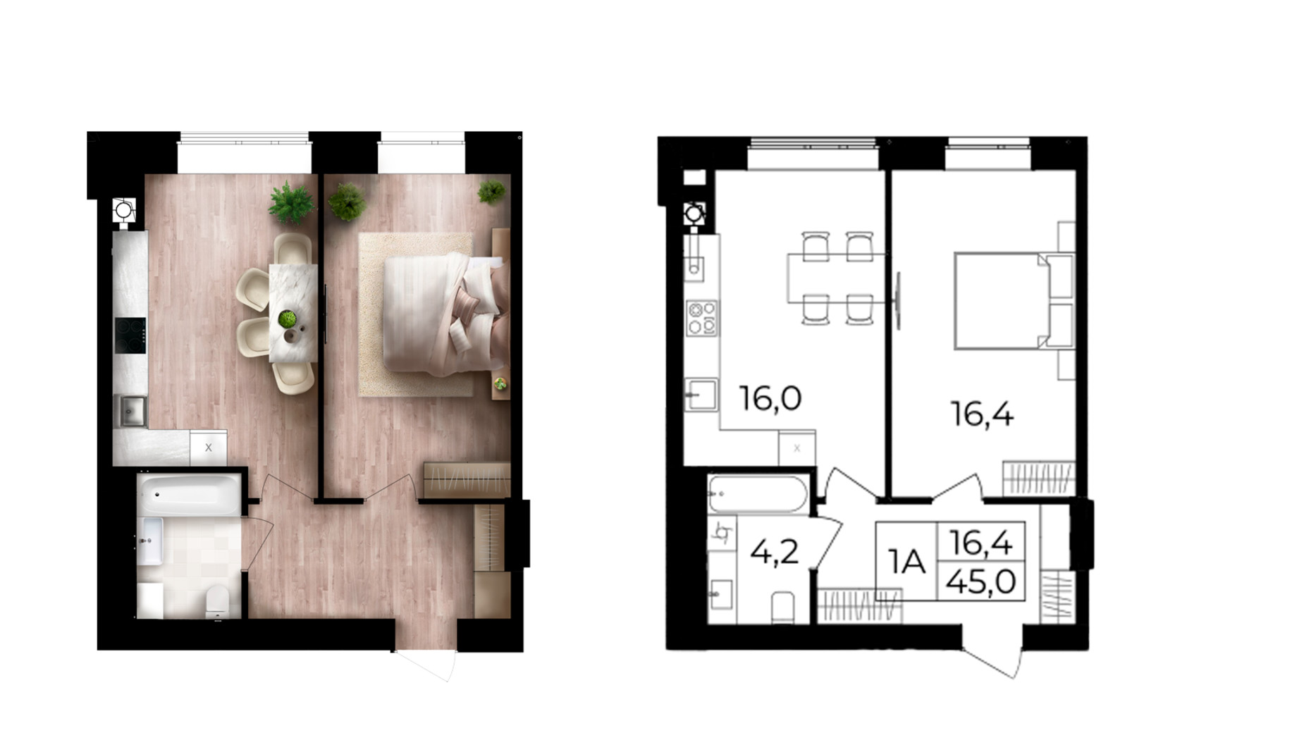 Планировка 1-комнатной квартиры в ЖК Forest Home 45 м², фото 814485