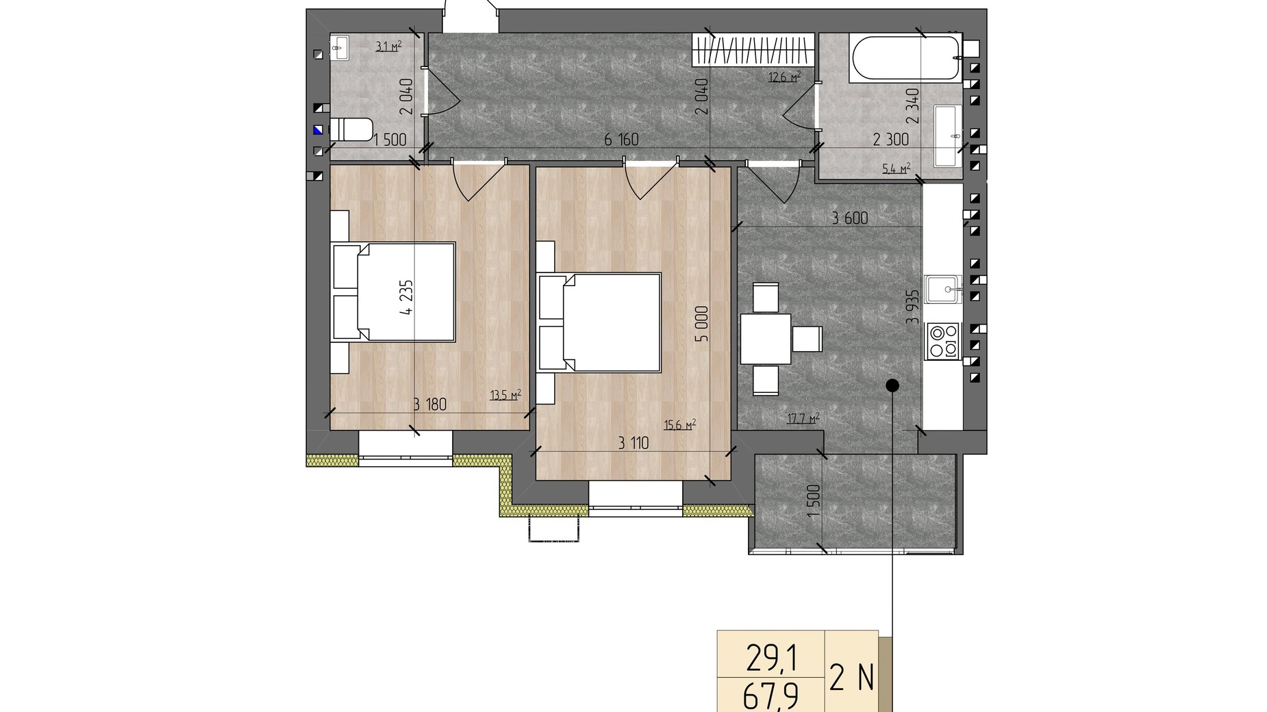 Планування 2-кімнатної квартири в ЖК Nova Koreя 67.9 м², фото 815533