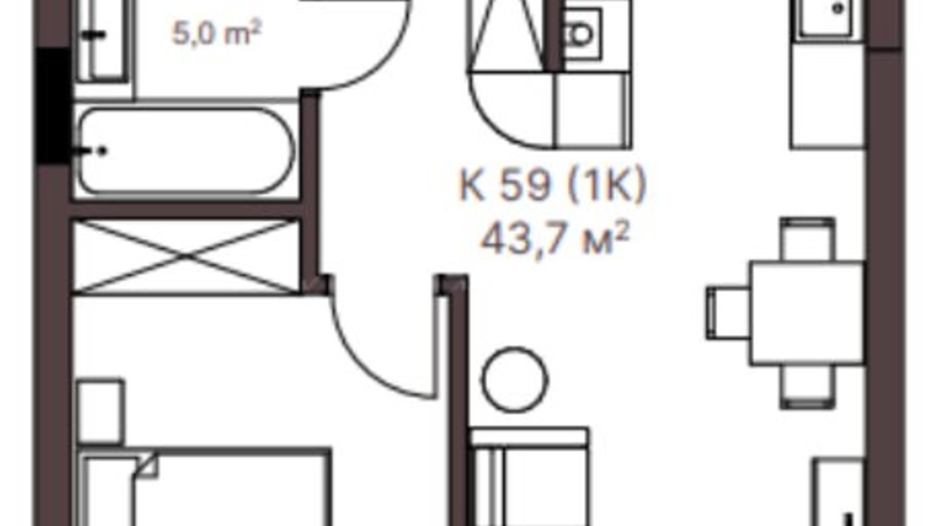 Планування 1-кімнатної квартири в ЖК AVANT PARK 43.7 м², фото 816873