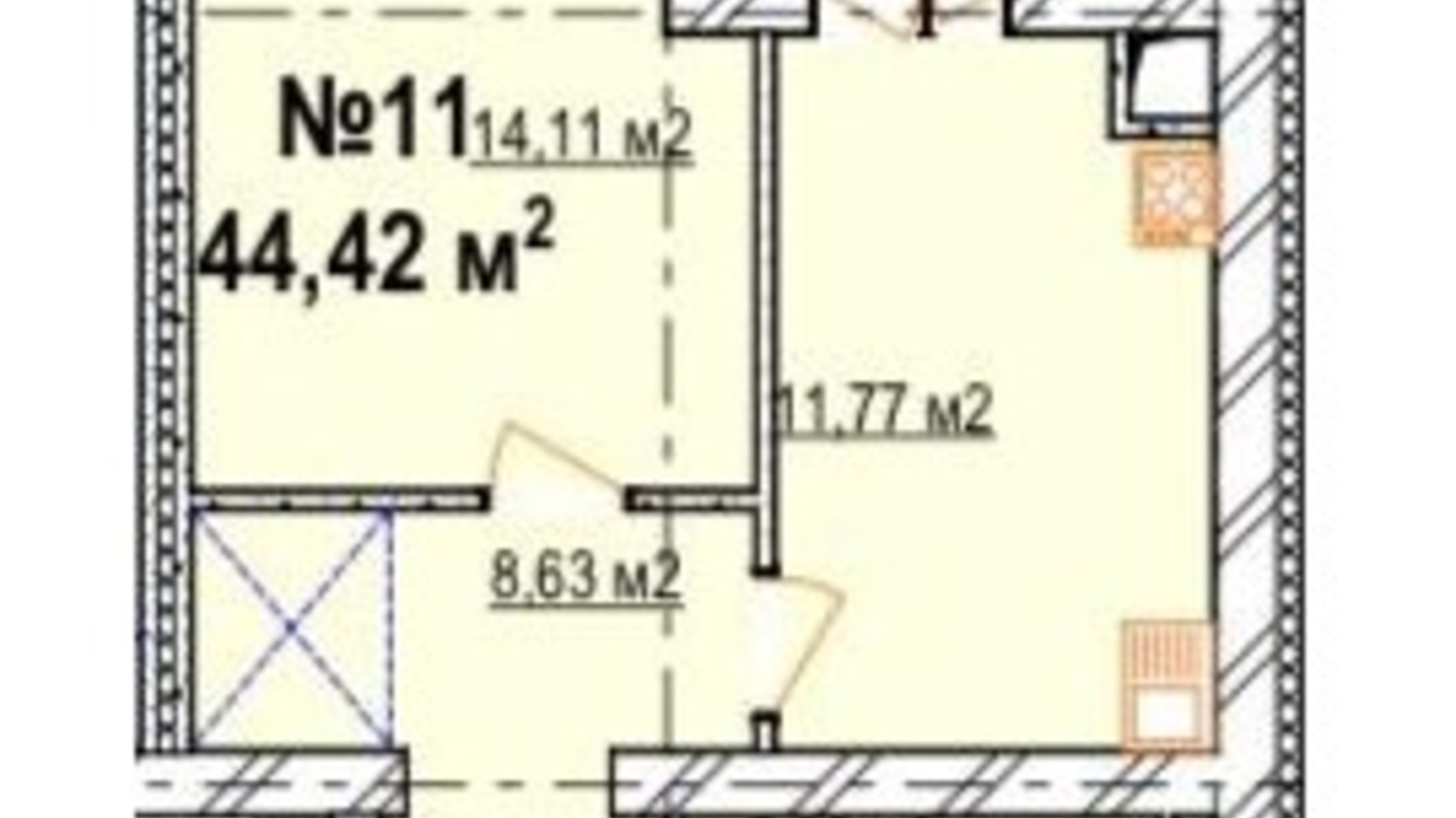 Планировка 1-комнатной квартиры в ЖК Массив Барский 44.42 м², фото 816971