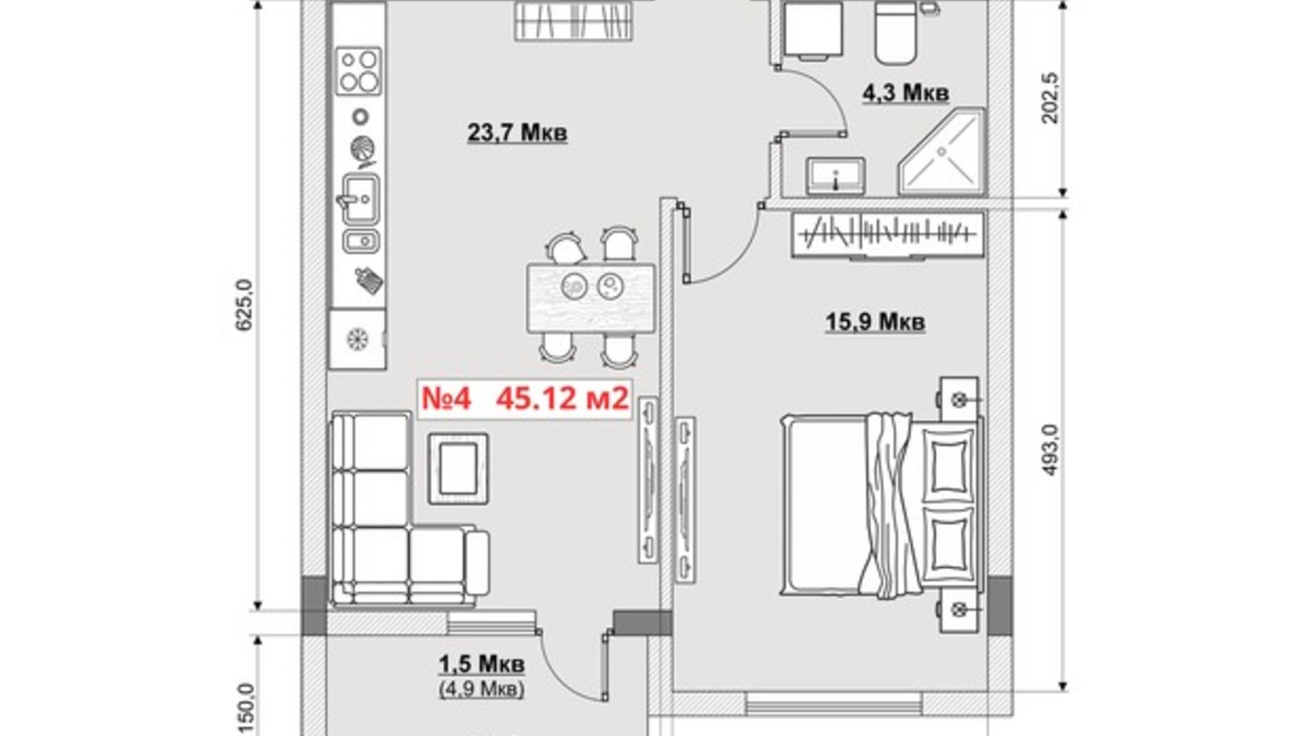 Планування 1-кімнатної квартири в ЖК Misto 45.12 м², фото 818506