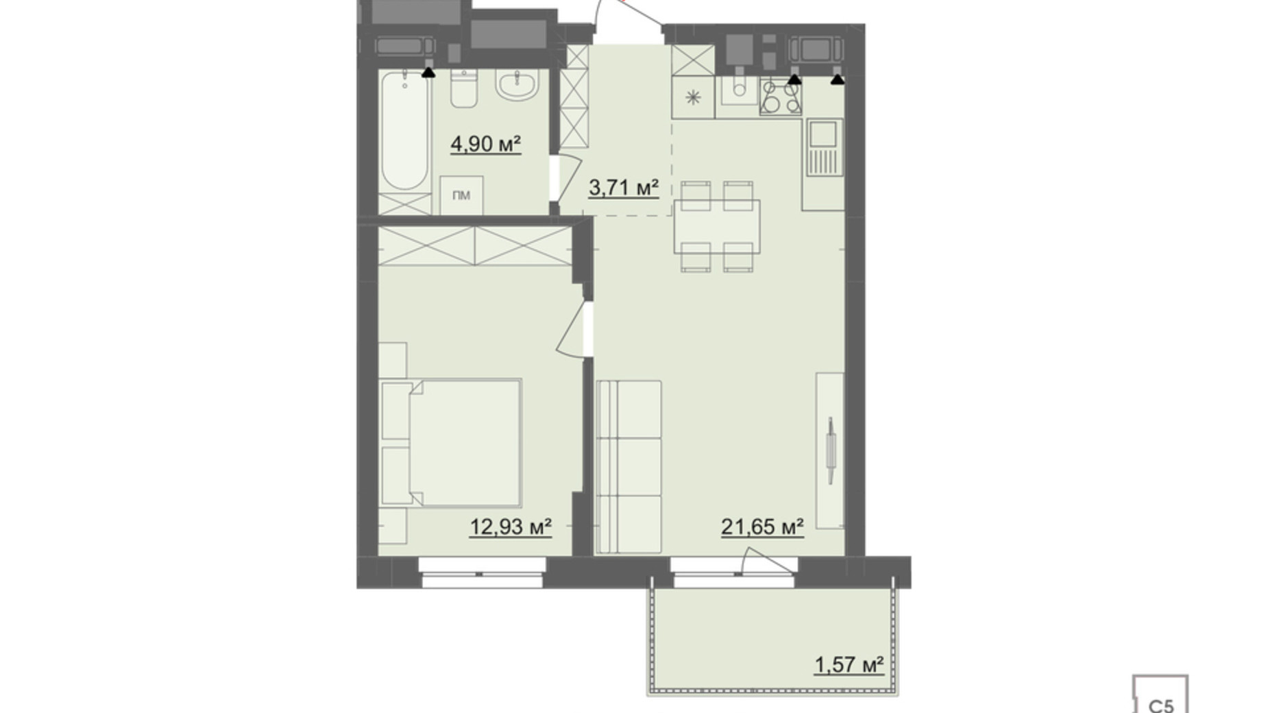 Планировка 1-комнатной квартиры в ЖК Киевский 44.76 м², фото 818529