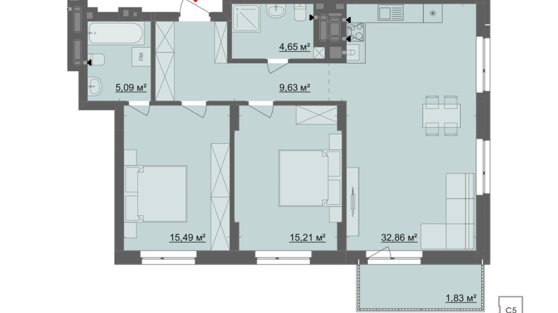 Планировка 2-комнатной квартиры в ЖК Киевский 84.76 м², фото 818577