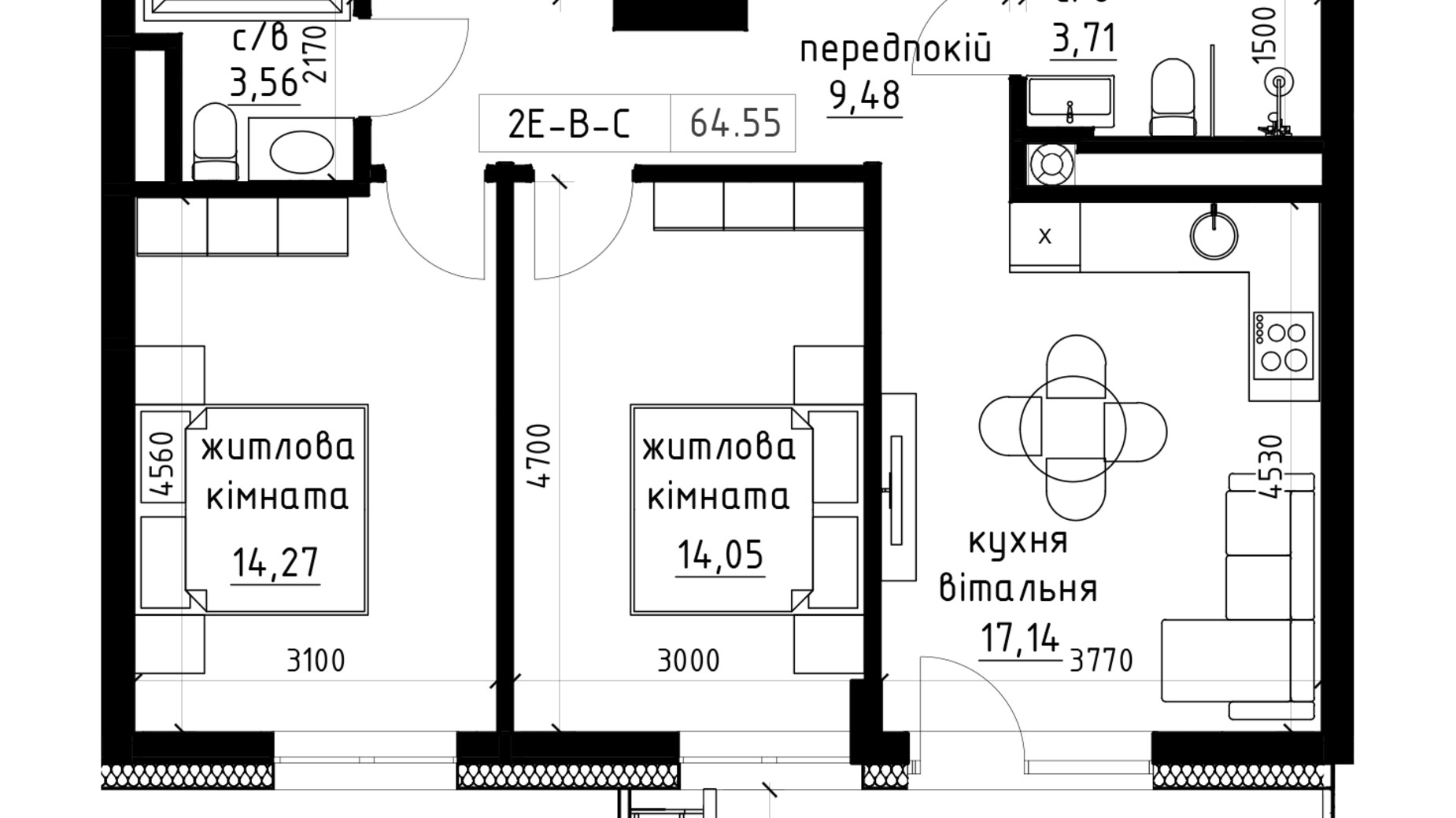 Планировка 2-комнатной квартиры в ЖК Lizrome 70.01 м², фото 818725