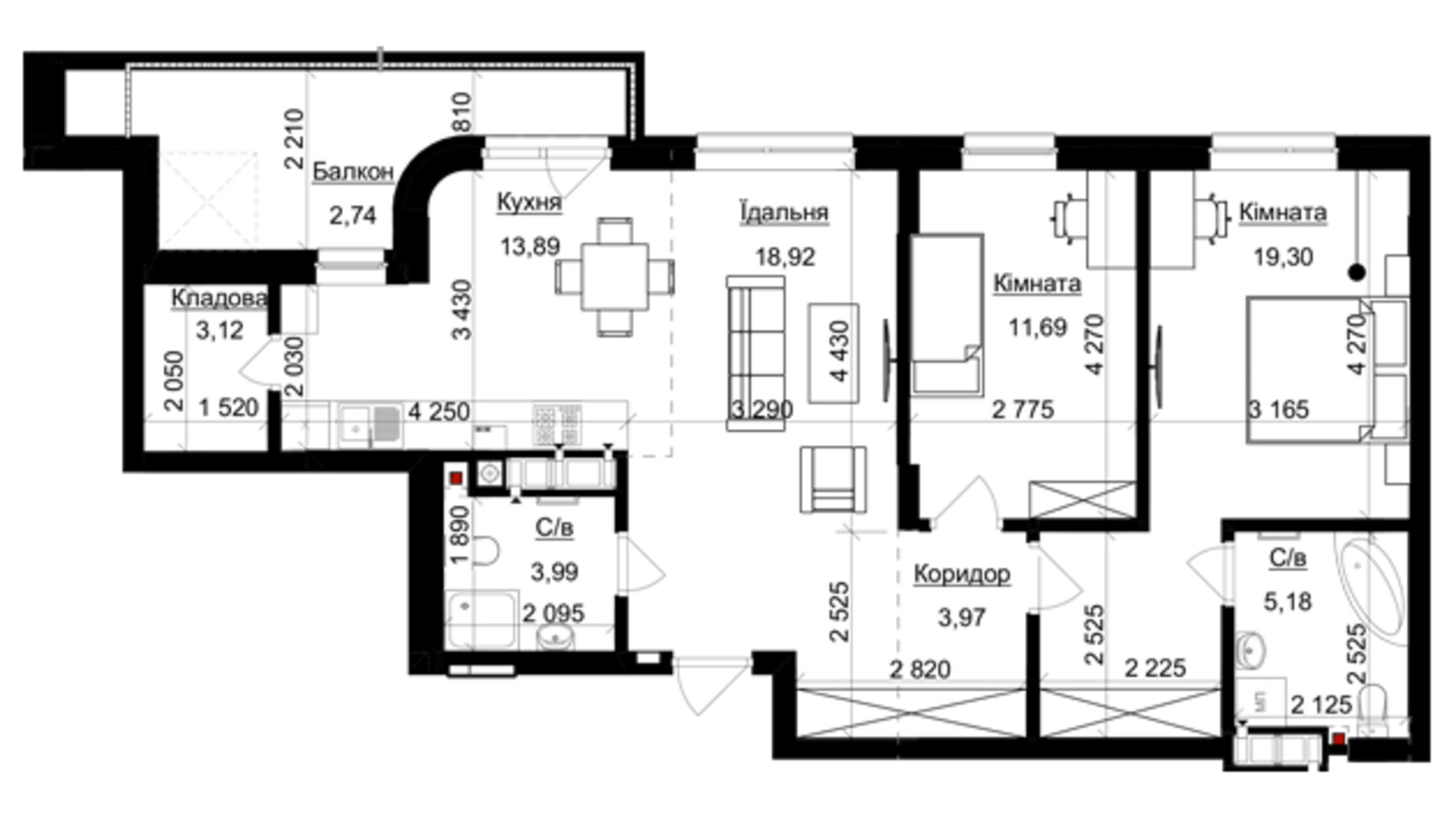 Планування 2-кімнатної квартири в ЖК Avalon Magnolia 75 м², фото 819338