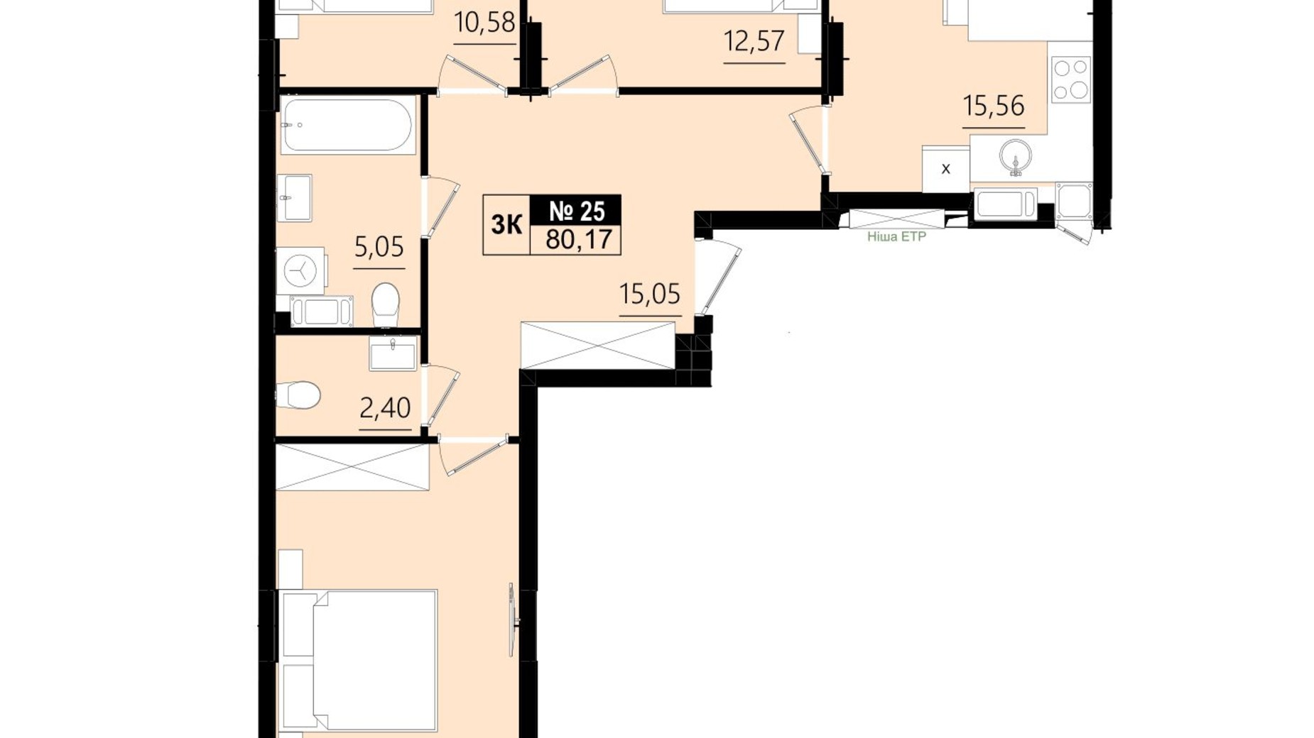 Планировка 3-комнатной квартиры в ЖК Парус Solo 80.17 м², фото 819499