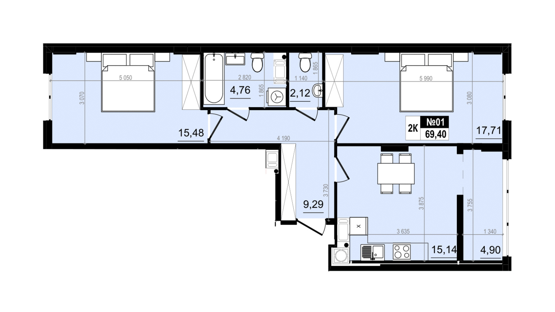 Планування 2-кімнатної квартири в ЖК Парус Comfort 69.4 м², фото 819537