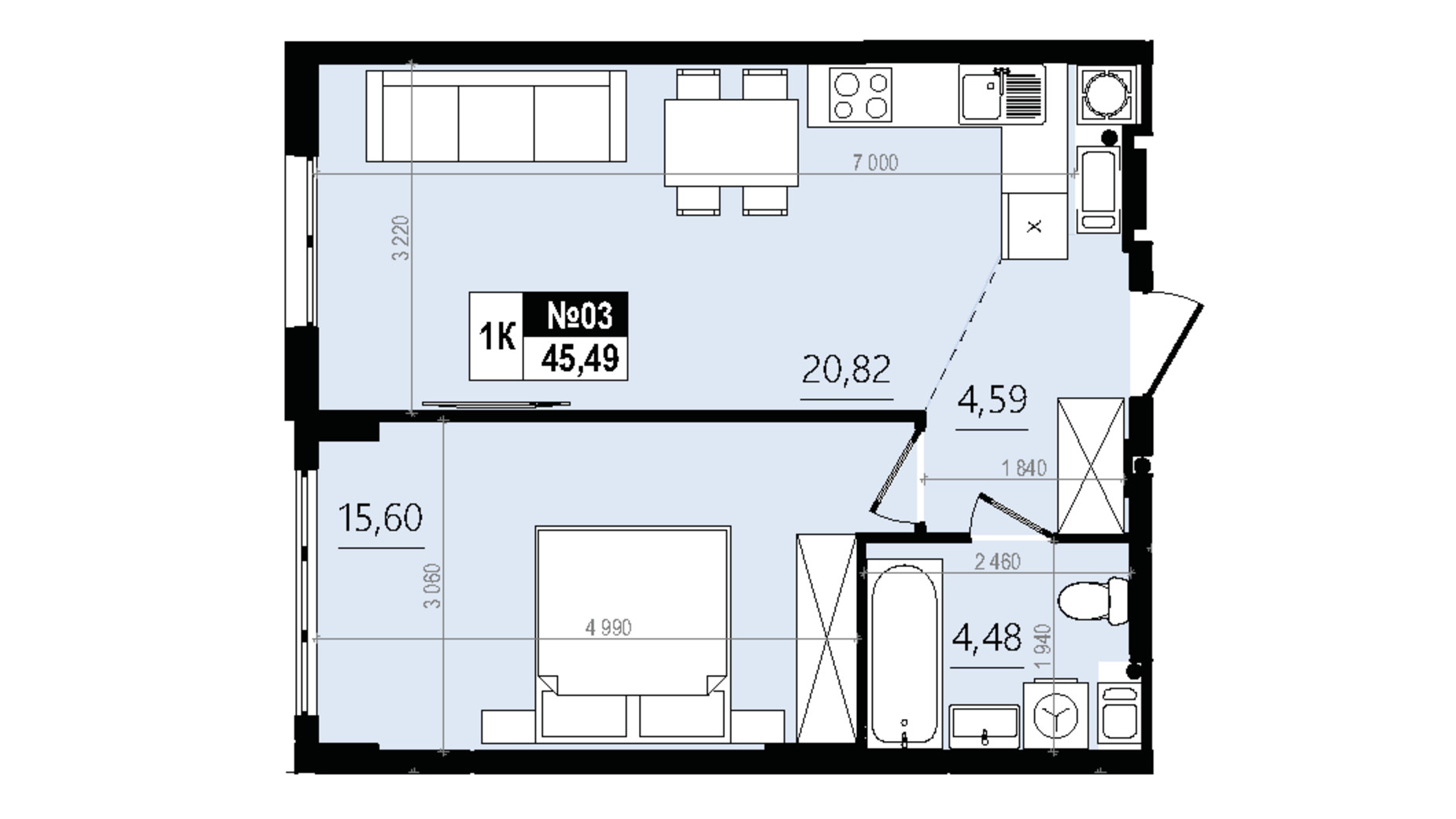 Планування 1-кімнатної квартири в ЖК Парус Comfort 45.49 м², фото 819544