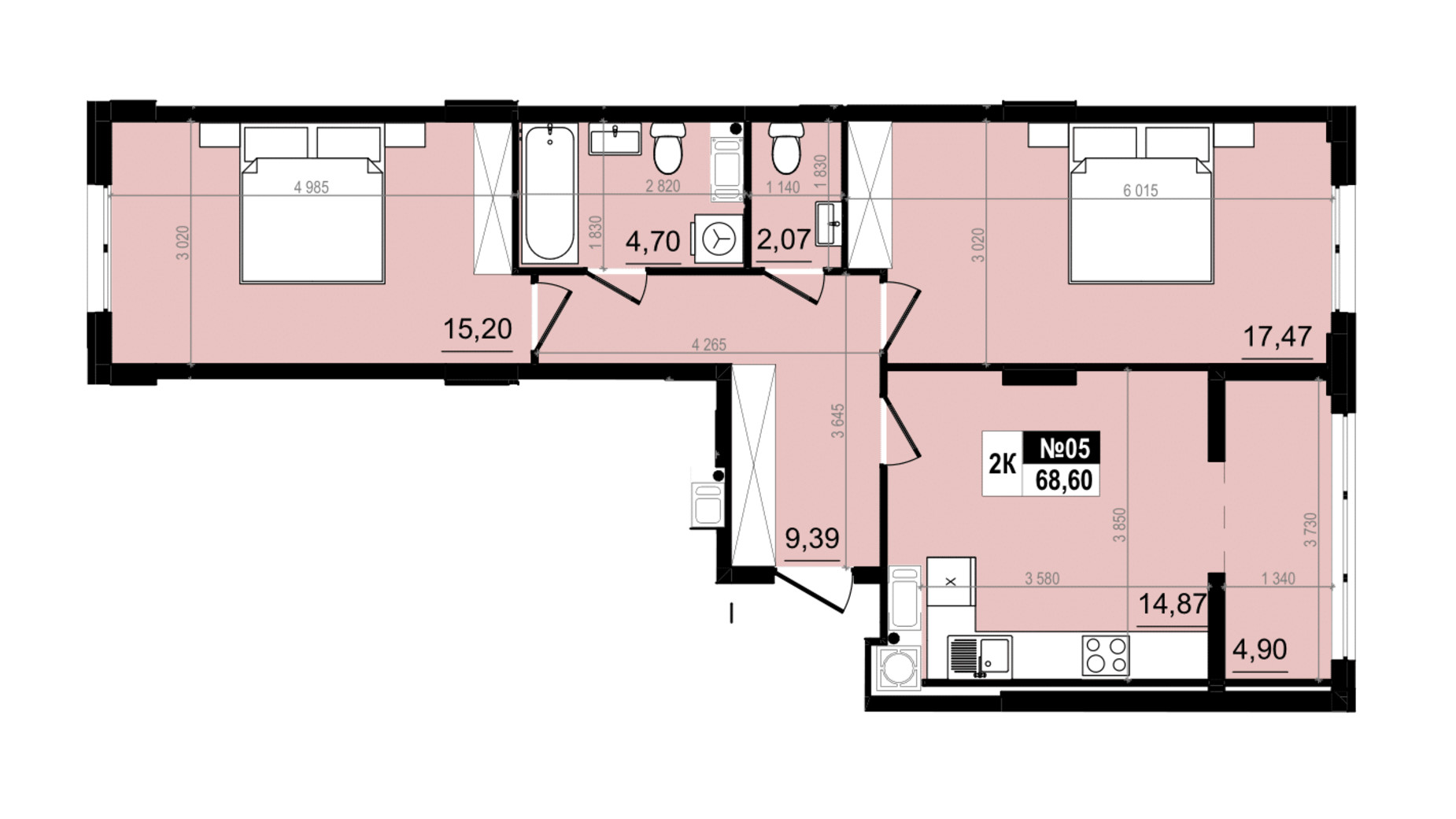 Планування 2-кімнатної квартири в ЖК Парус Comfort 68.6 м², фото 819548