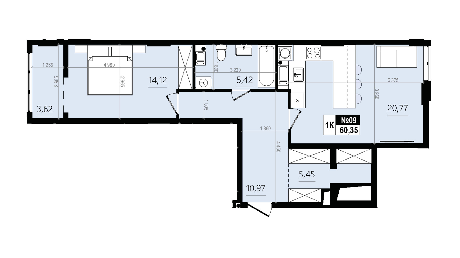 Планування 1-кімнатної квартири в ЖК Парус Comfort 60.35 м², фото 819555