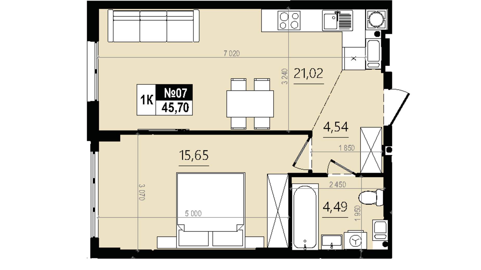 Планировка 1-комнатной квартиры в ЖК Парус Comfort 45.7 м², фото 819557