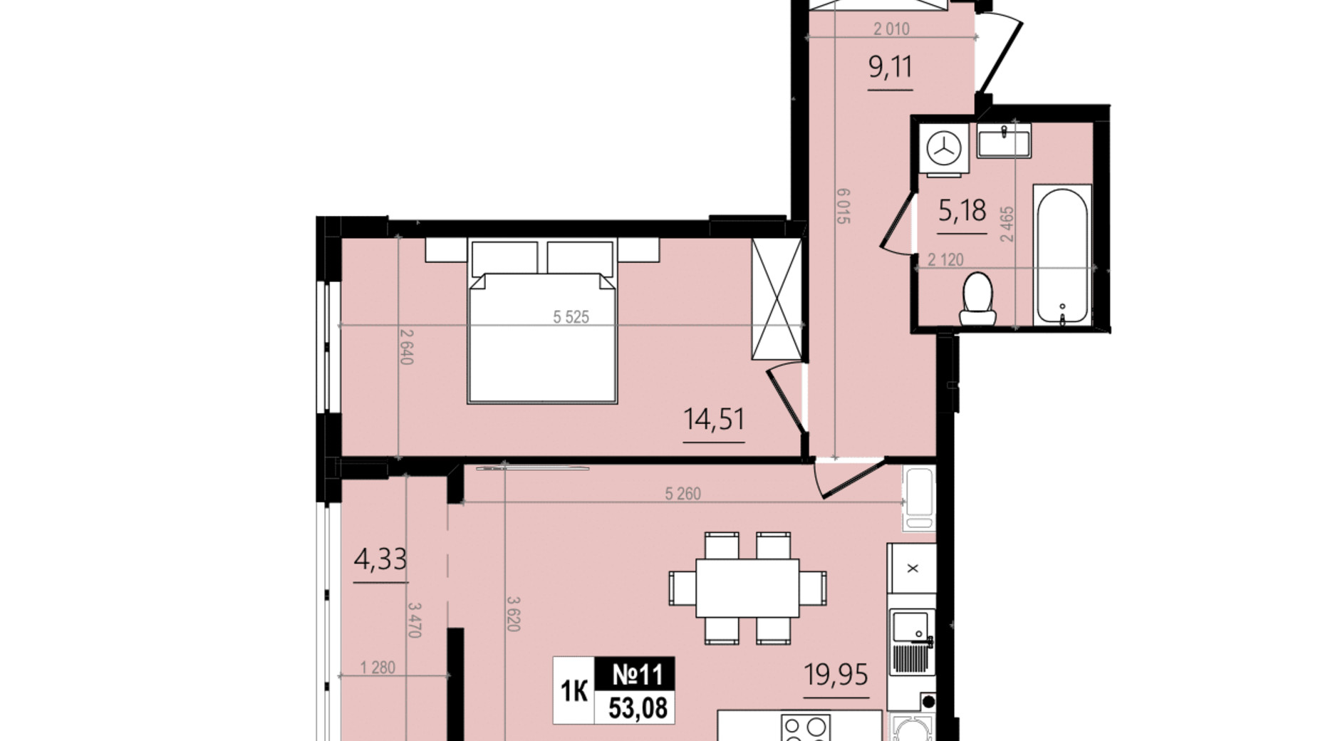 Планування 1-кімнатної квартири в ЖК Парус Comfort 53.08 м², фото 819568