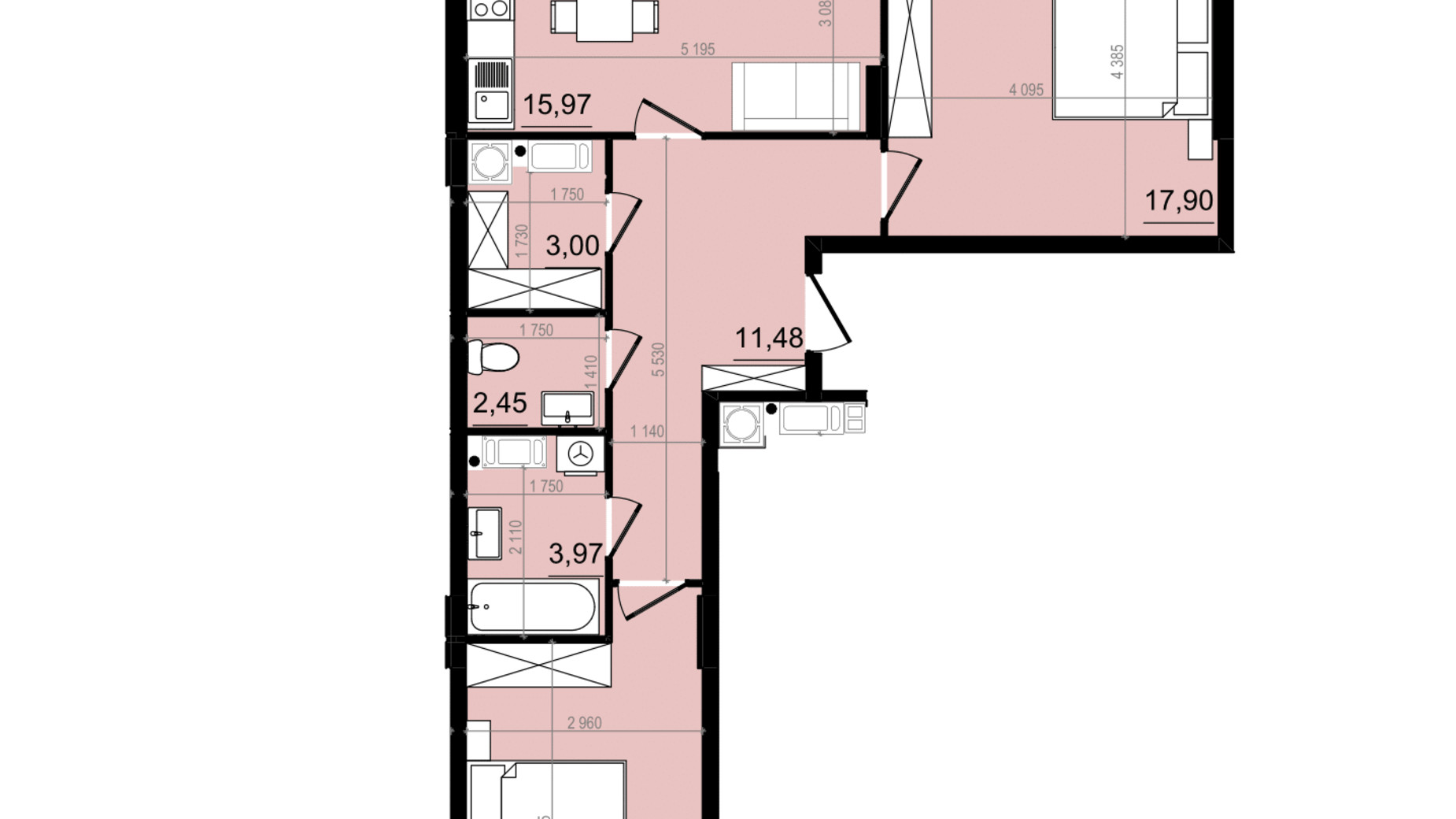 Планування 2-кімнатної квартири в ЖК Парус Comfort 74.57 м², фото 819587