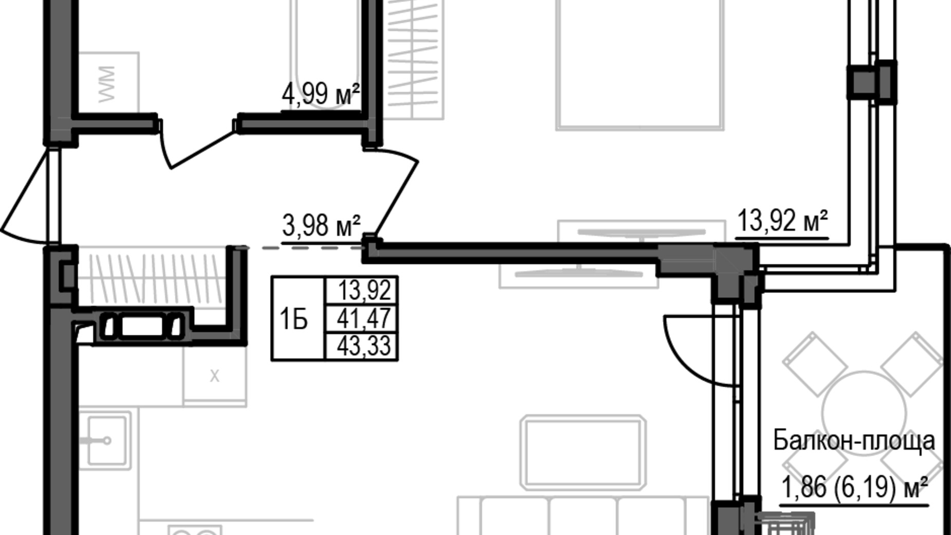 Планировка 1-комнатной квартиры в ЖК Park House 43.26 м², фото 819988