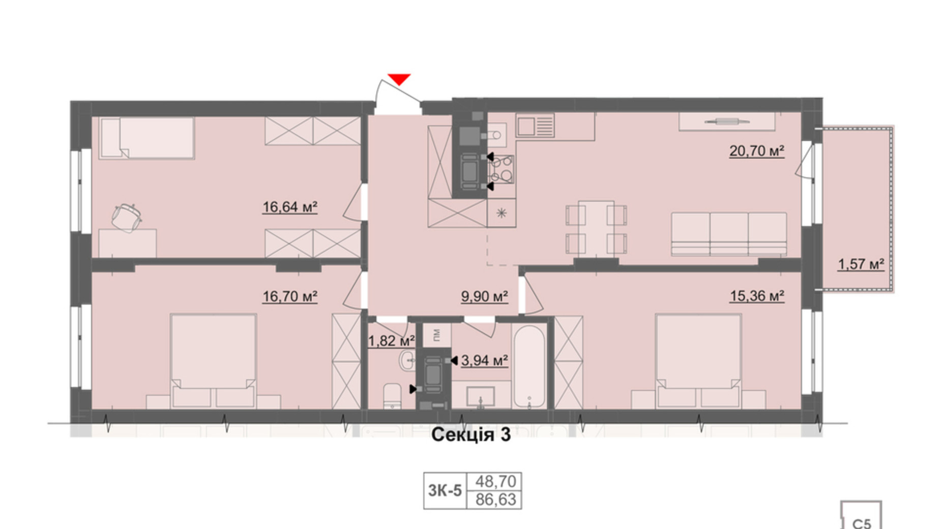 Планировка 3-комнатной квартиры в ЖК Киевский 86.63 м², фото 820150