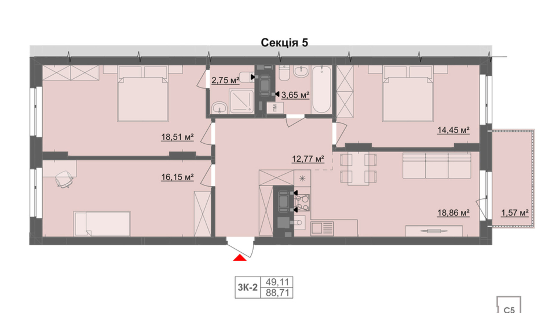 Планировка 3-комнатной квартиры в ЖК Киевский 88.71 м², фото 820151