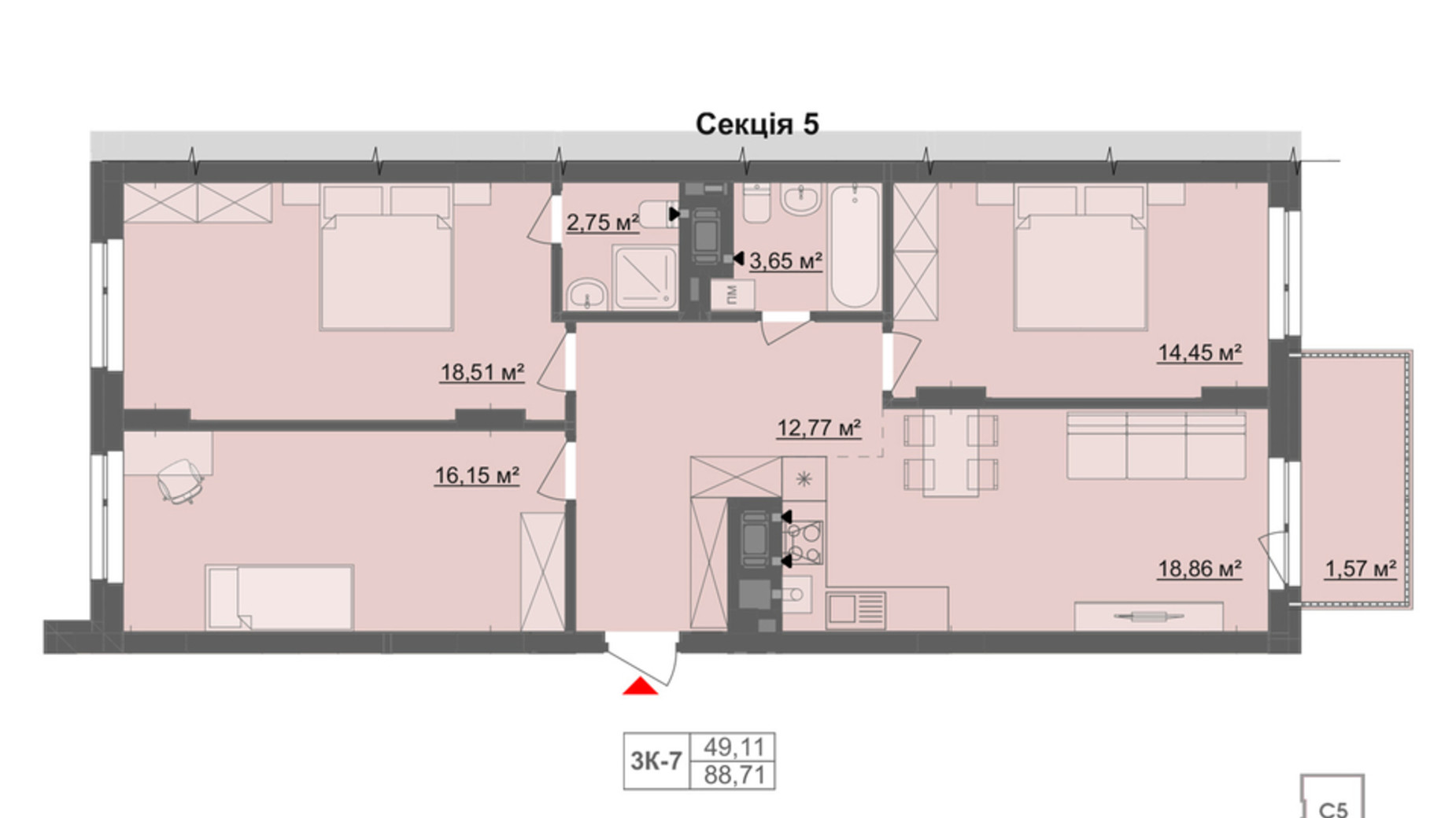 Планування 3-кімнатної квартири в ЖК Київський 88.71 м², фото 820158