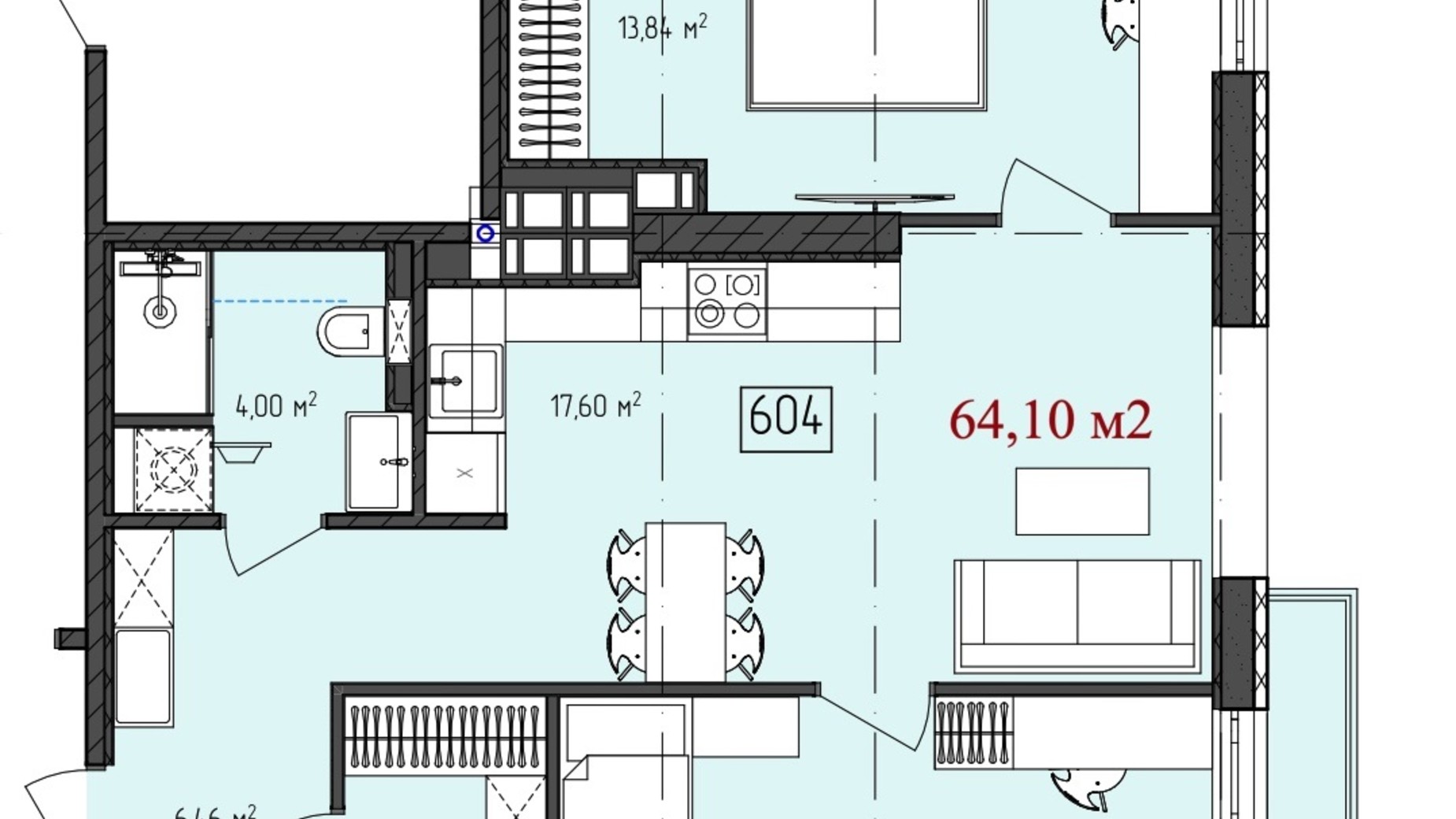 Планування 2-кімнатної квартири в КБ AcademHoff 64.1 м², фото 822340