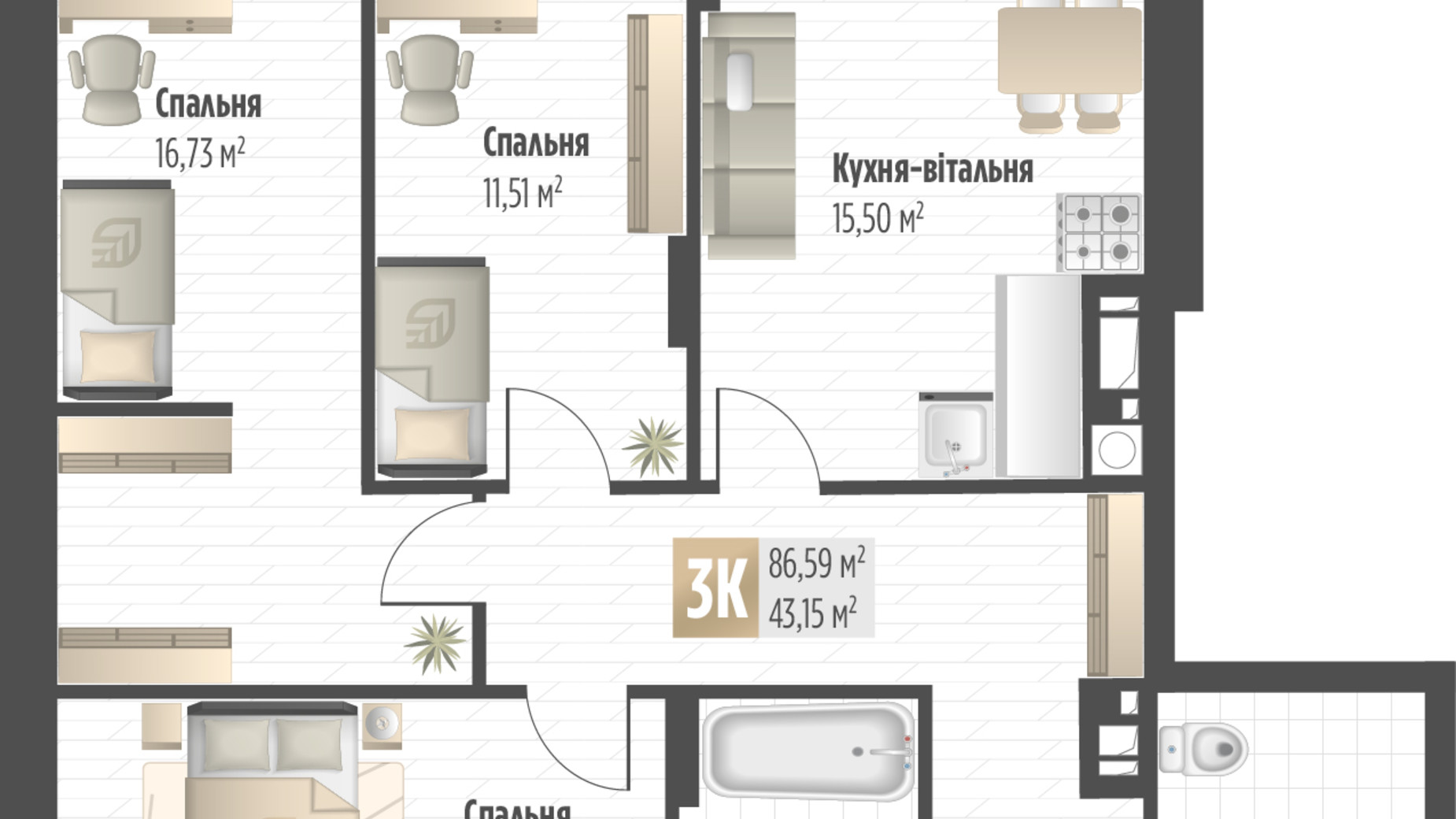 Планировка 3-комнатной квартиры в ЖК Soul Park 86.59 м², фото 822573