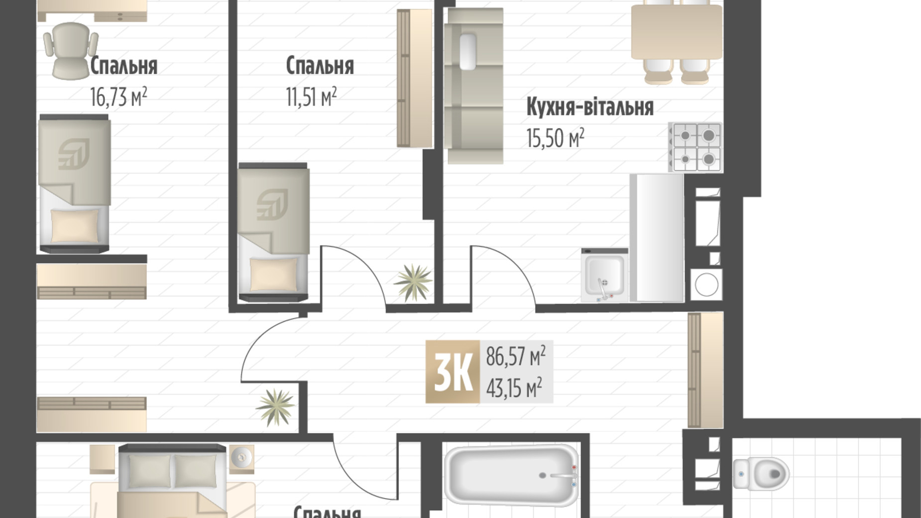 Планировка 3-комнатной квартиры в ЖК Soul Park 86.57 м², фото 822575