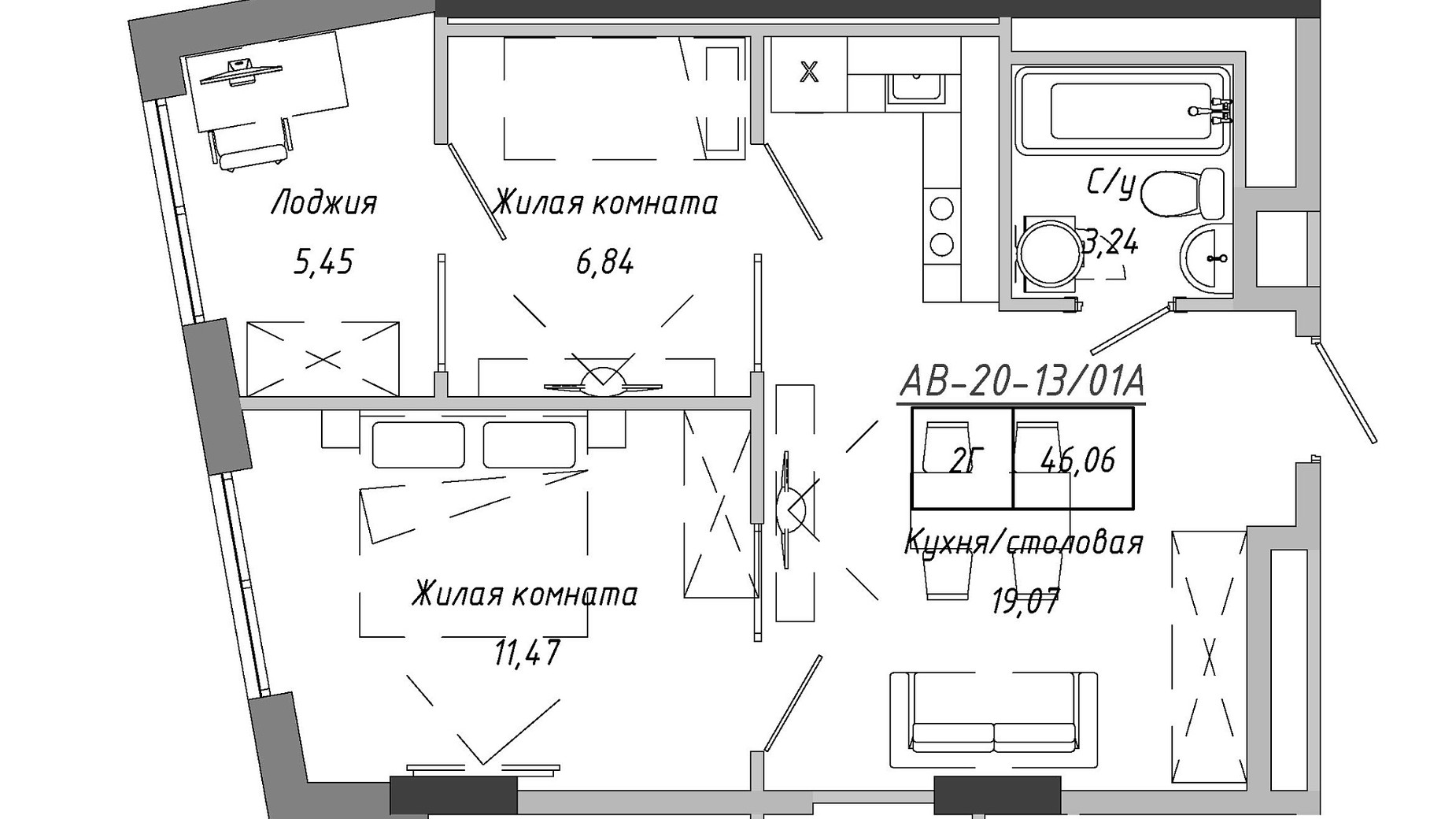 Планування 2-кімнатної квартири в ЖК Artville 46.06 м², фото 823517