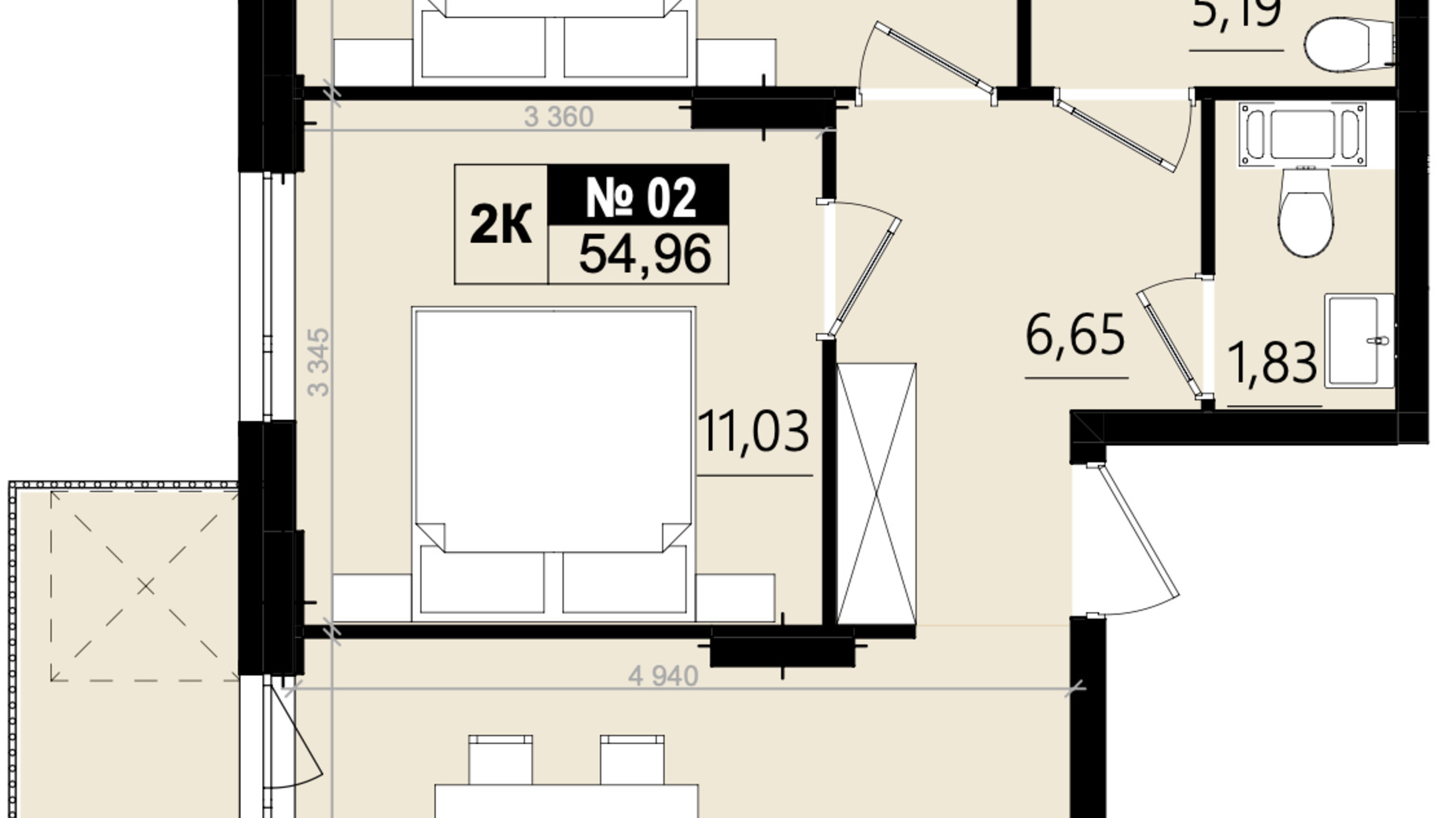 Планування 2-кімнатної квартири в ЖК Парус Solo 54.96 м², фото 823721